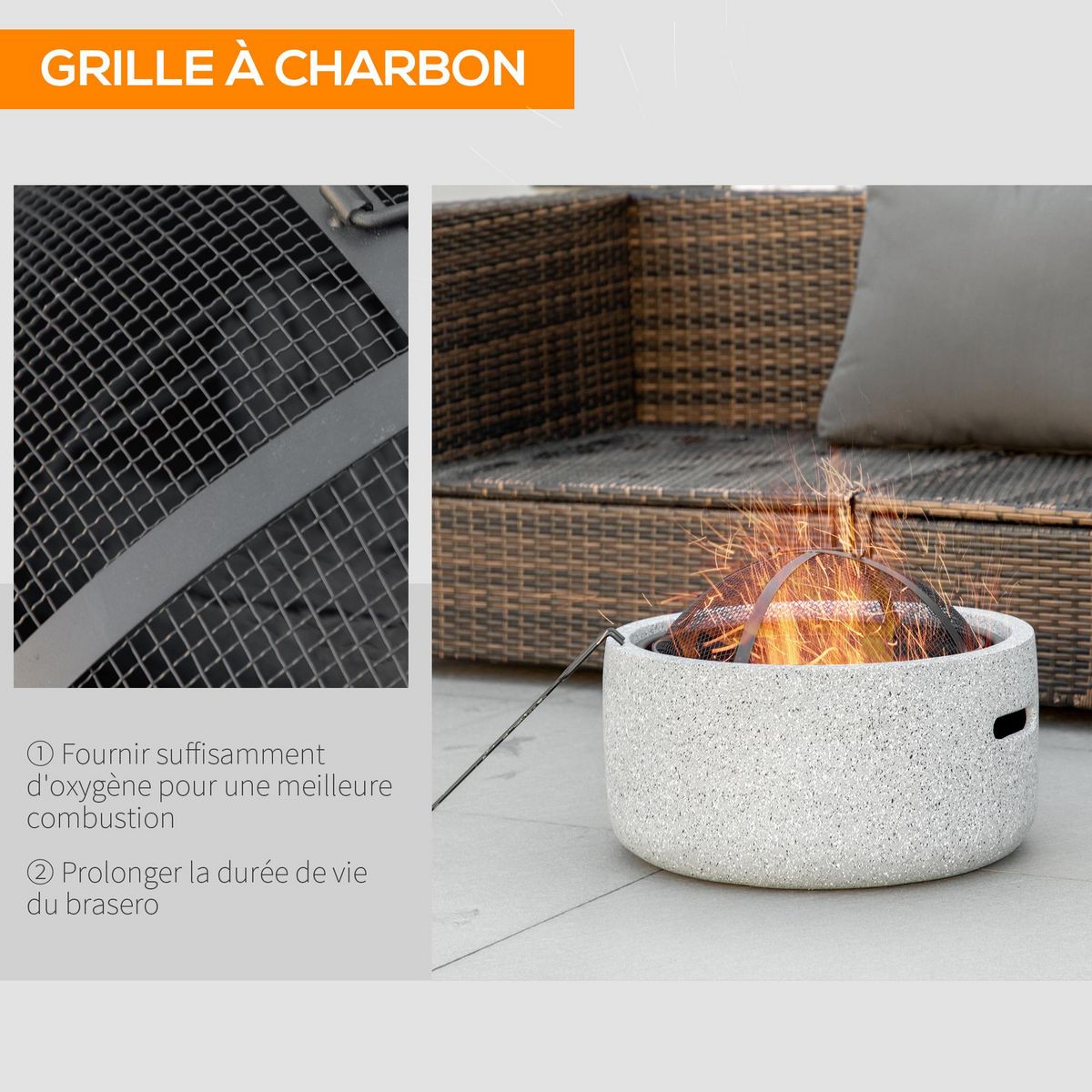 OUTSUNNY Brasero design cheminée foyer extérieur dim. Ø 45 x 34H cm grille couvercle tisonnier métal noir MGO aspect pierre