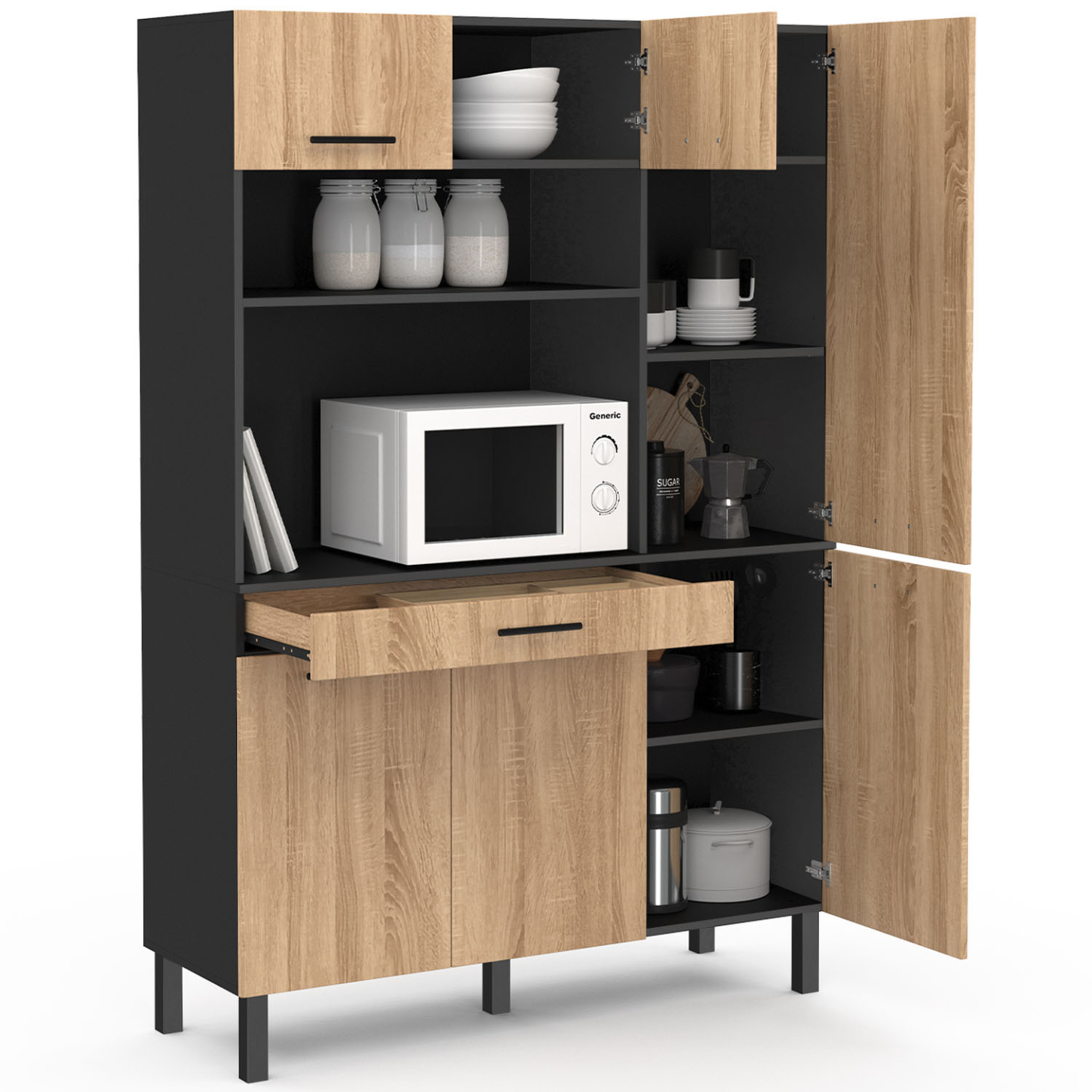 Voir la diapositive 4 : ID MARKET Buffet de cuisine avec colonne de rangement 120 cm cina 6 portes + tiroir noir et façon hêtre