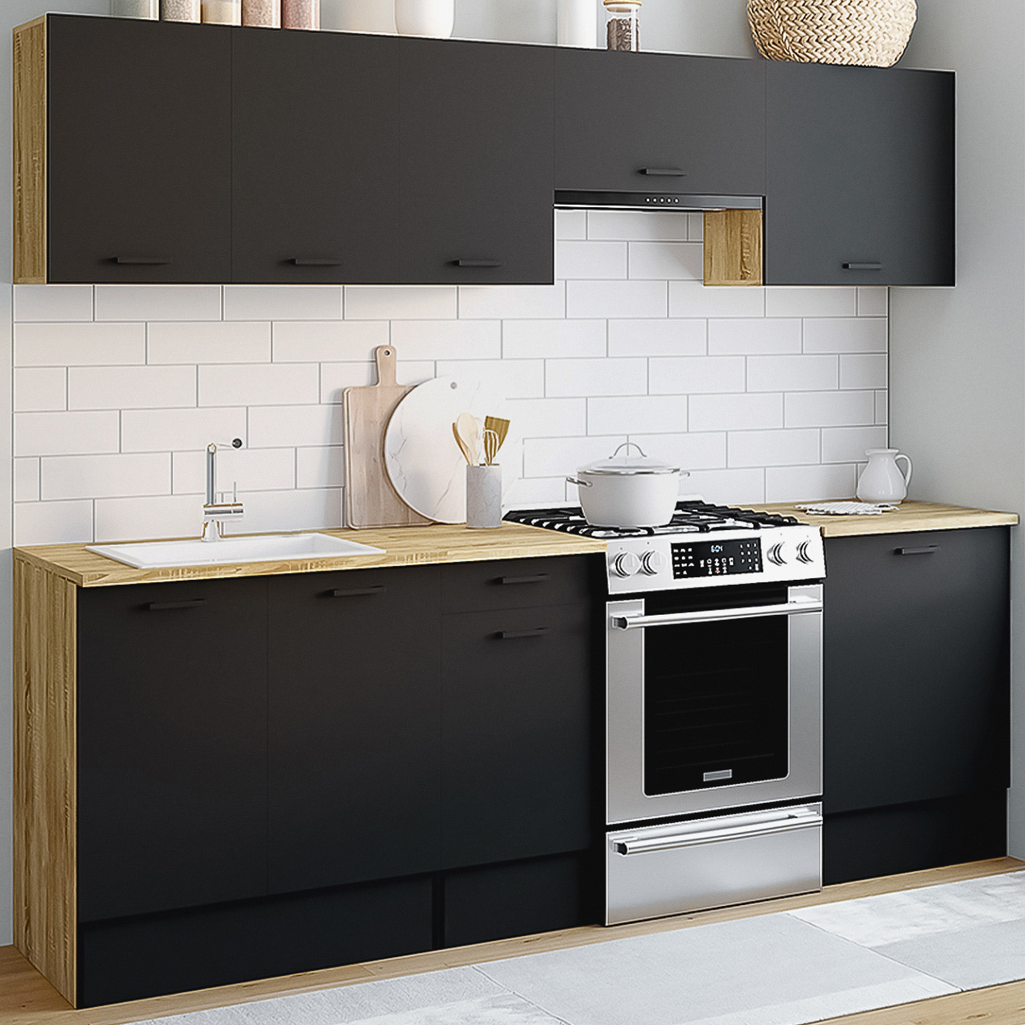 Voir la diapositive 2 : ID MARKET Cuisine complète 240 cm subtil avec plan de travail 7 éléments bois et noir