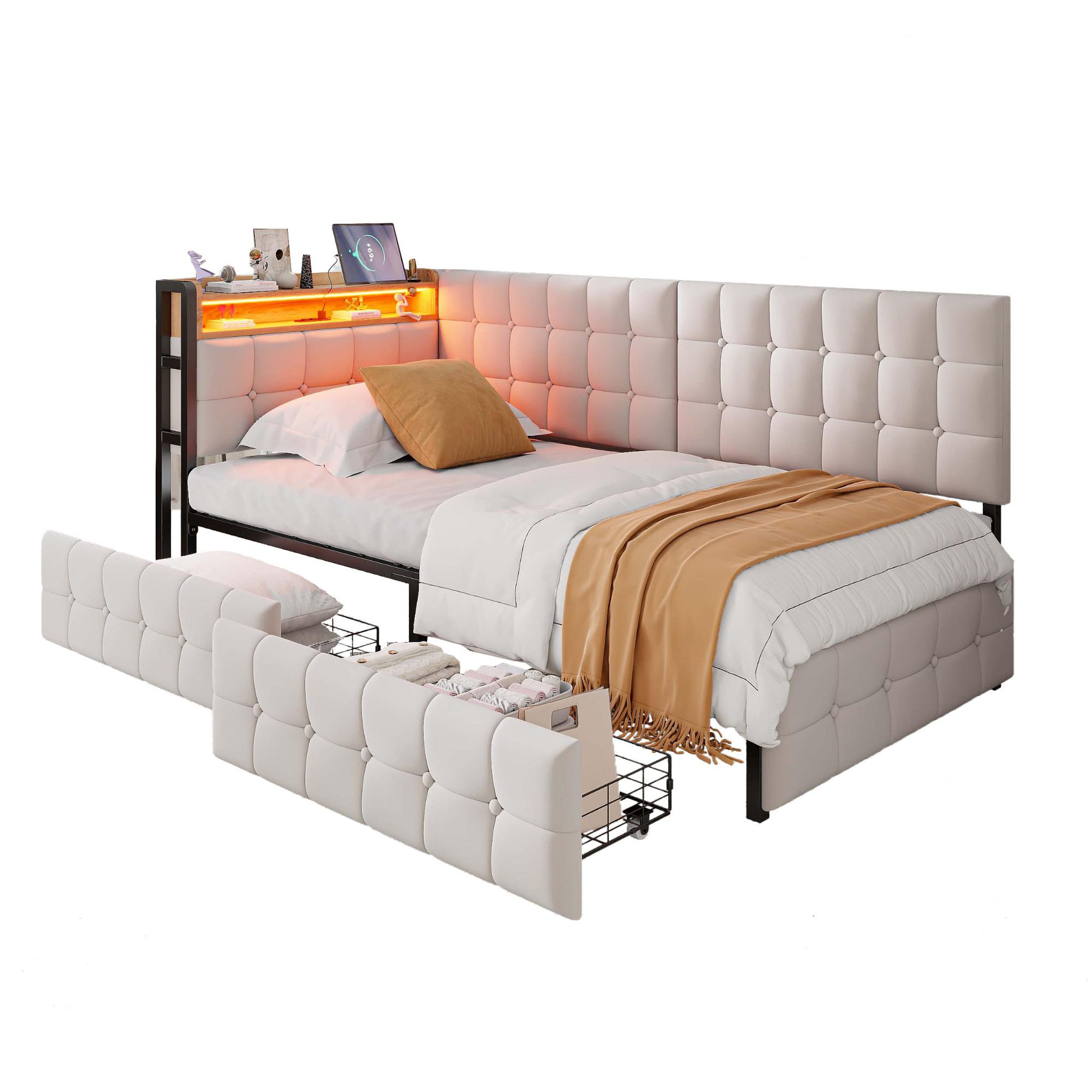 Voir la diapositive 1 : MERAX Lit avec rangement rembourré 90x200cm