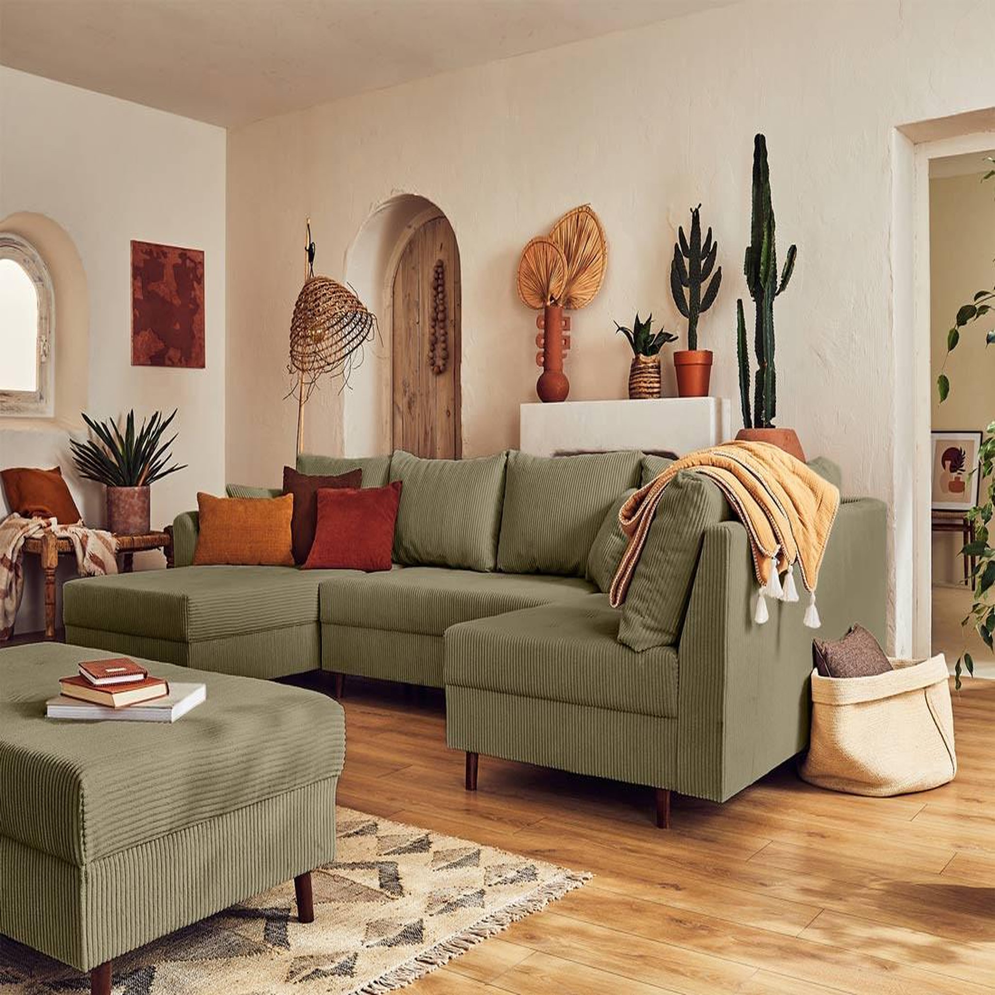 Voir la diapositive 2 : BEST MOBILIER Rune - canapé panoramique d'angle droit - 7 places - avec pouf d'appoint - en velours côtelé