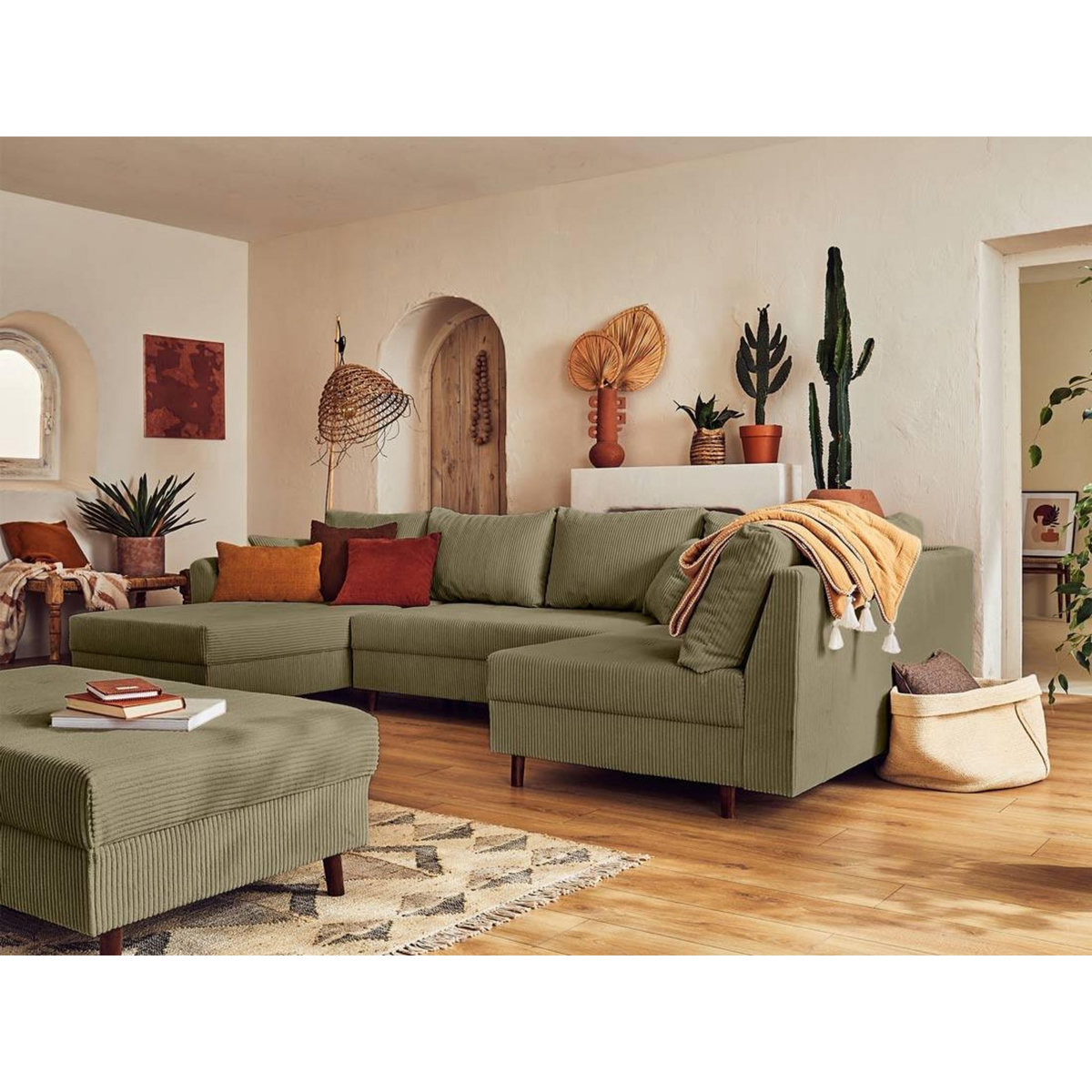 LISA DESIGN Rune - canapé panoramique d'angle droit - 7 places - avec pouf d'appoint - en velours côtelé