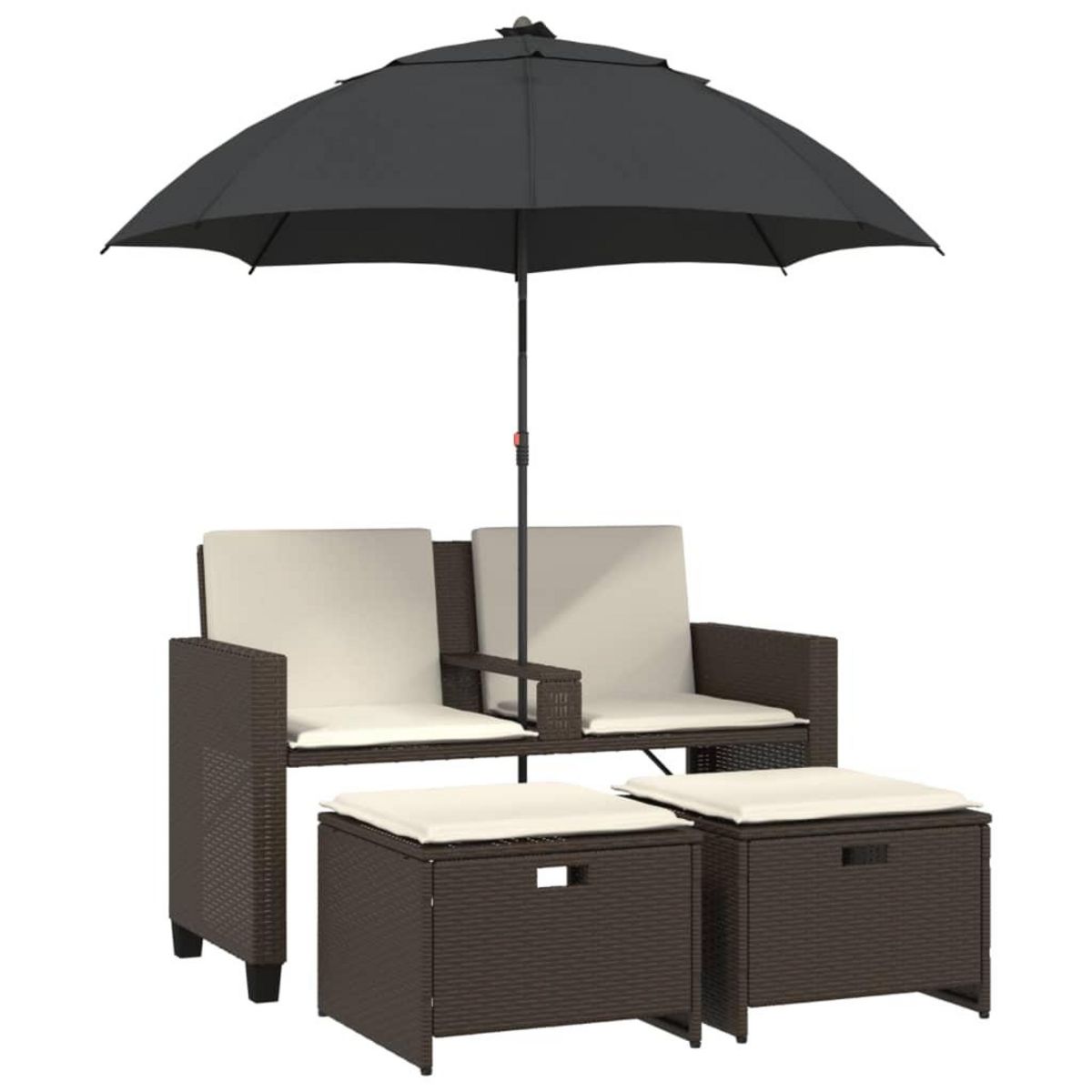 VIDAXL Canape de jardin 2 places et parasol et tabourets marron rotin