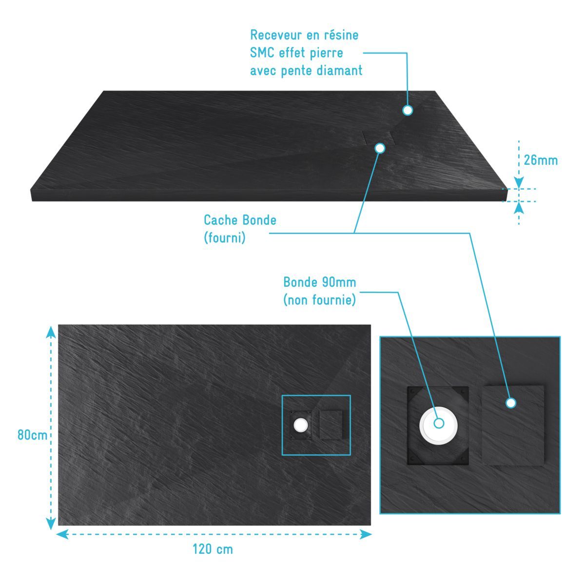 Aurlane Receveur pour douche à l'italienne extra plat aspect ardoise noire 80x120 cm - STONE 2