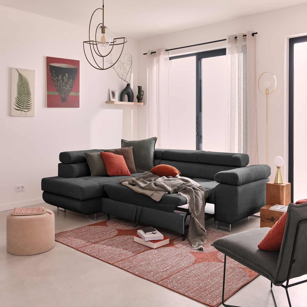 BEST MOBILIER Zaria - canapé d'angle gauche - convertible avec coffre et têtières réglables - 5 places - en velours côtelé