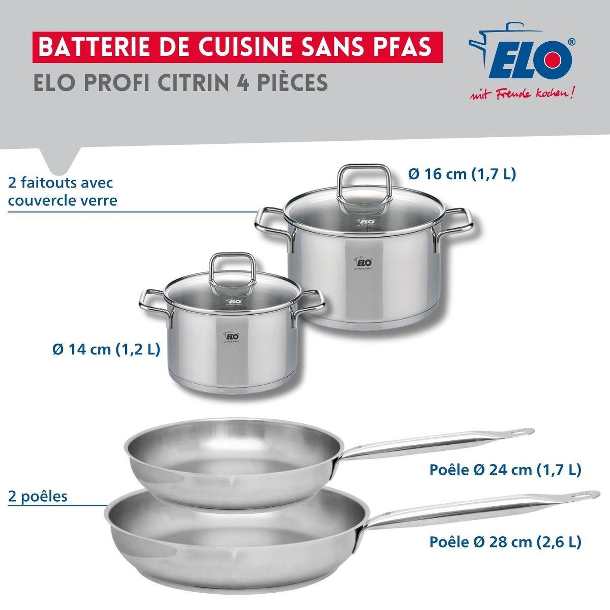 Voir la diapositive 2 : ELO Set de 2 Poêles de cuisson 24 et 28 cm et 2 faitouts 14 et 16 cm Elo Profi Citrin