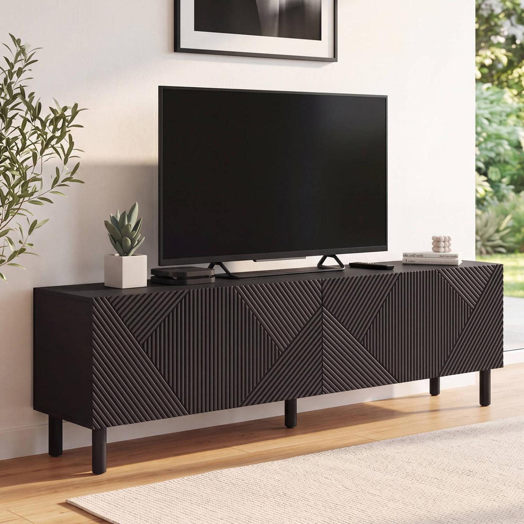 Voir la diapositive 2 : ID MARKET Meuble tv 180 cm himara 2 portes lattes géométriques bois noir