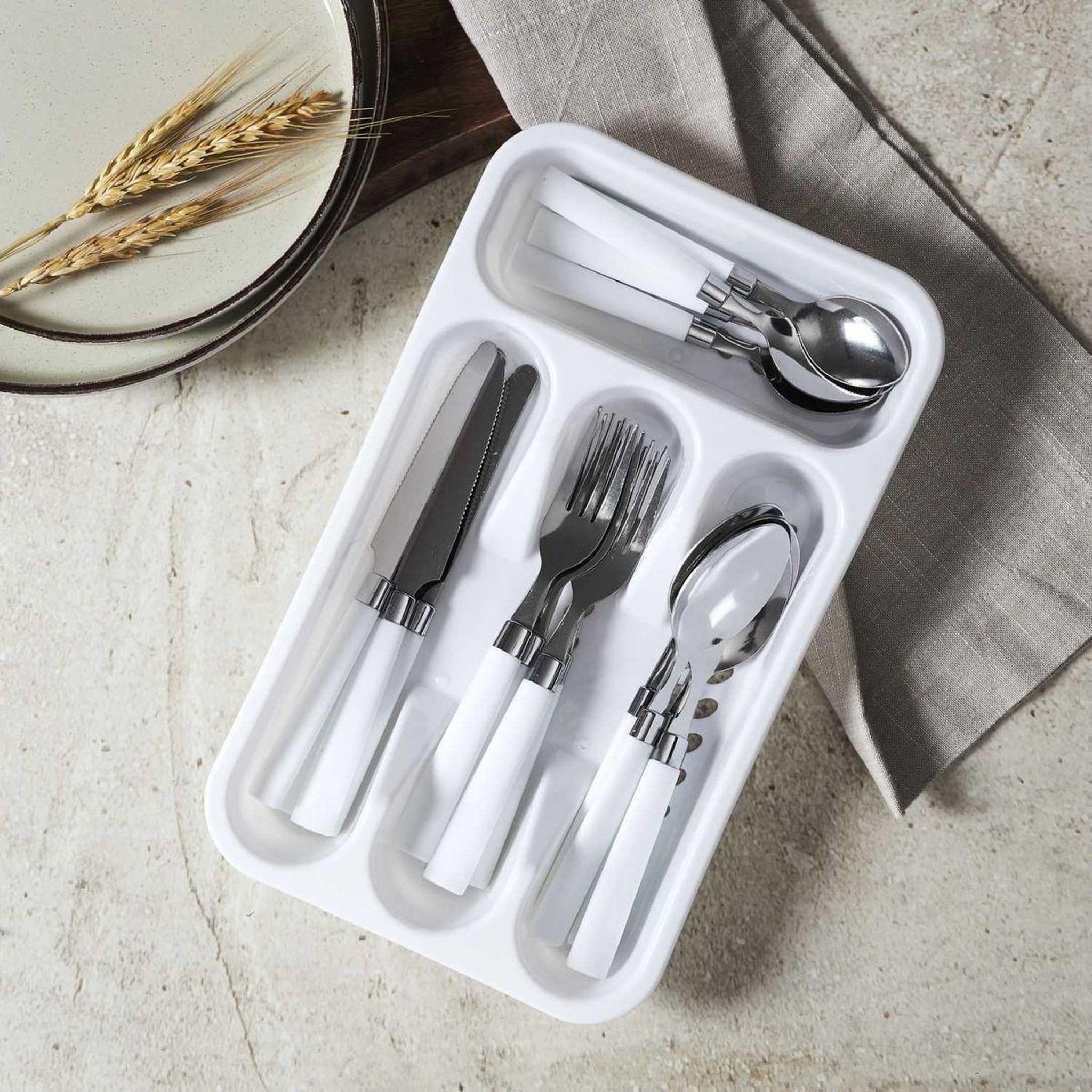 Voir la diapositive 2 : The Home Deco Factory Ménagère 16 Pièces & Range-Couverts  Campus  32cm Blanc