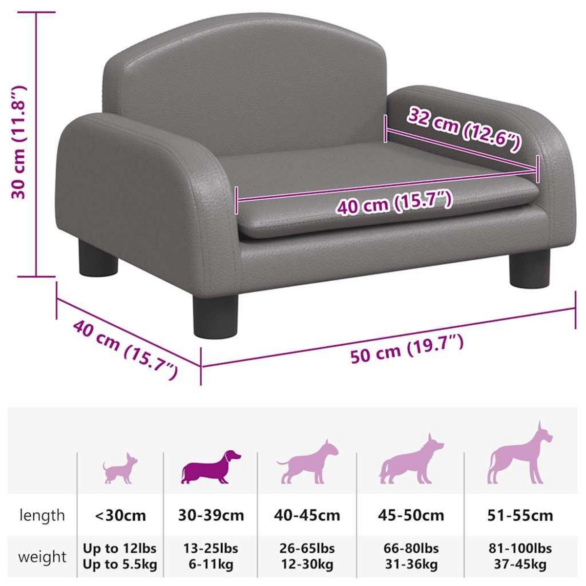 VIDAXL Lit pour chien gris 50x40x30 cm similicuir