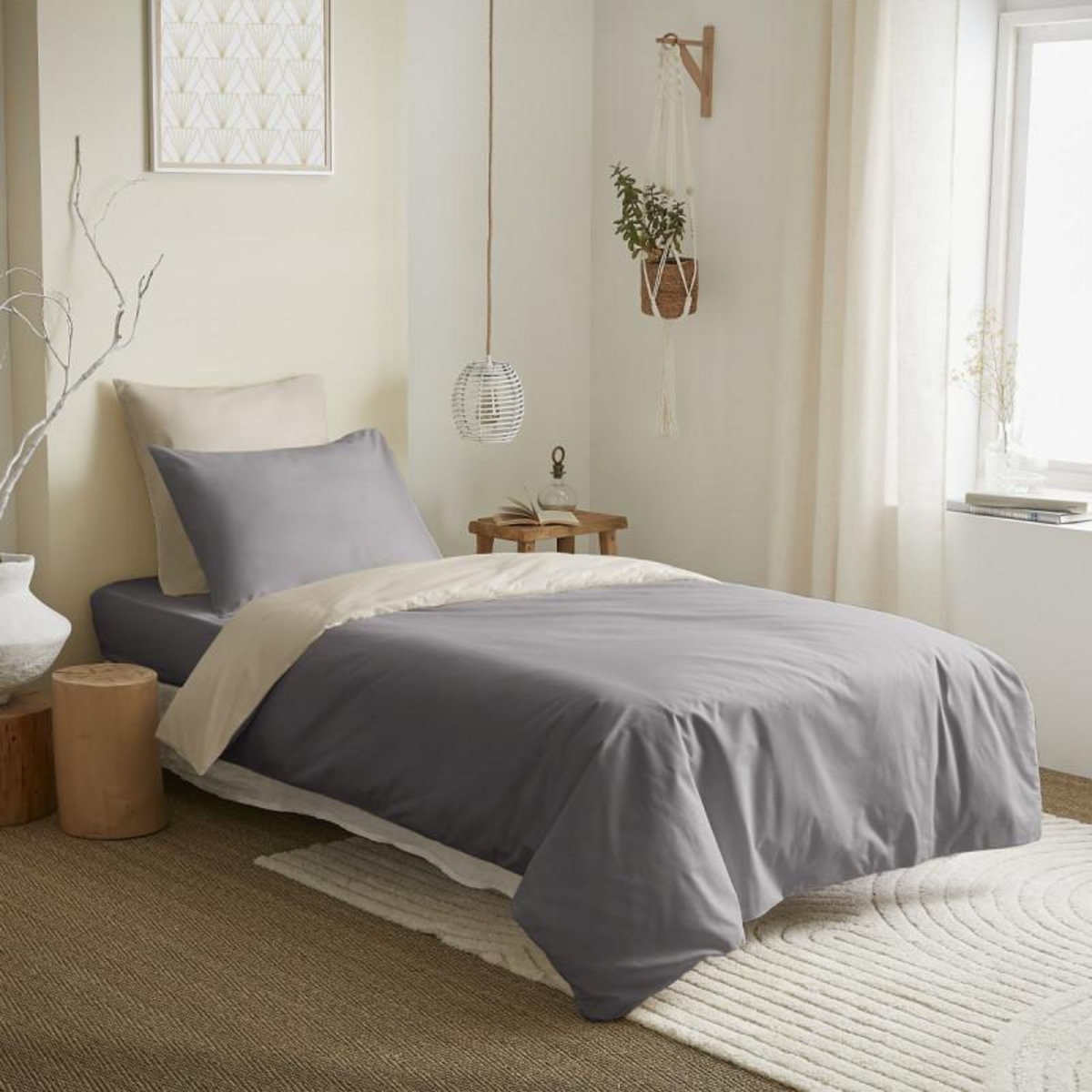 COTON PUR Pack complet 4 pièces Taupe/Lin réversible housse de couette pour lit 90 x 190 cm