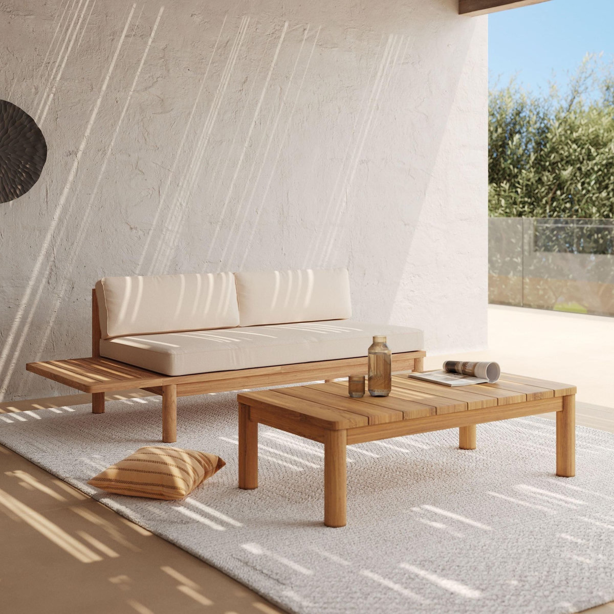 Rendez vous déco Salon de jardin 2 personnes en teck massif et tissu blanc-Nadila