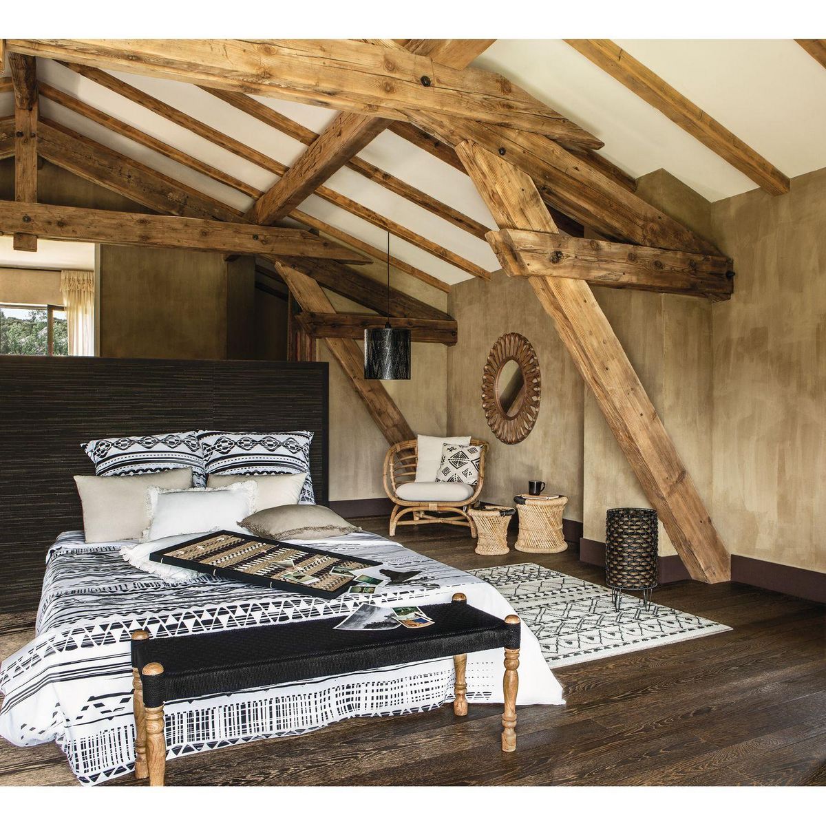 ATMOSPHERA Parure de lit 2 places en coton imprimé Ethnik - 240x220 cm - Noir et Blanc