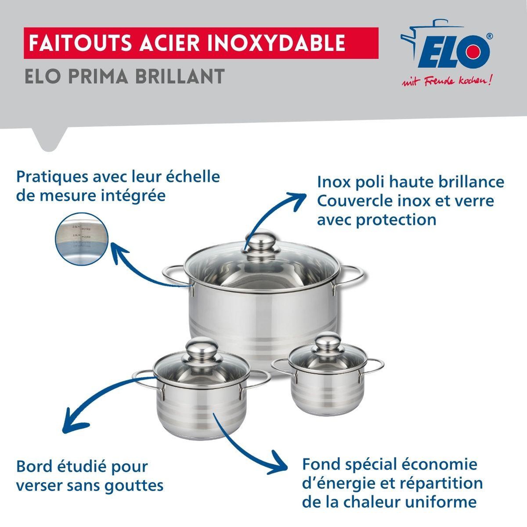 Voir la diapositive 3 : ELO Ensemble de 1 poêle de cuisson 20 cm et 3 faitouts 12, 14 et 24 cm elo prima brillant