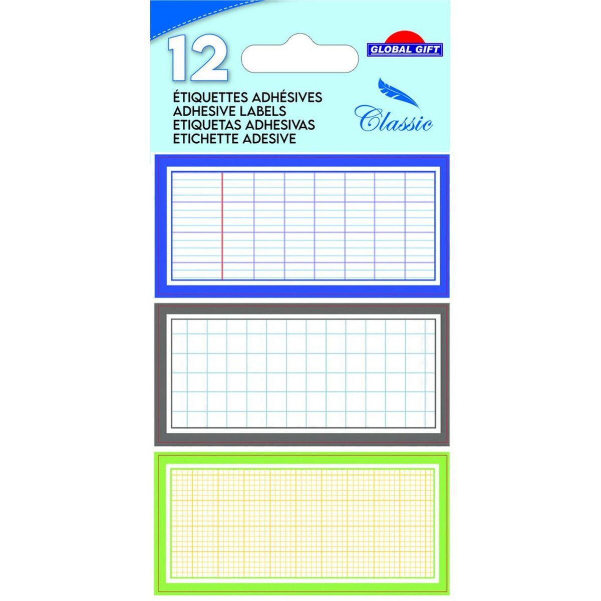  12 étiquettes adhésives scolaires - Quadrillé effet cahier - tons bleus
