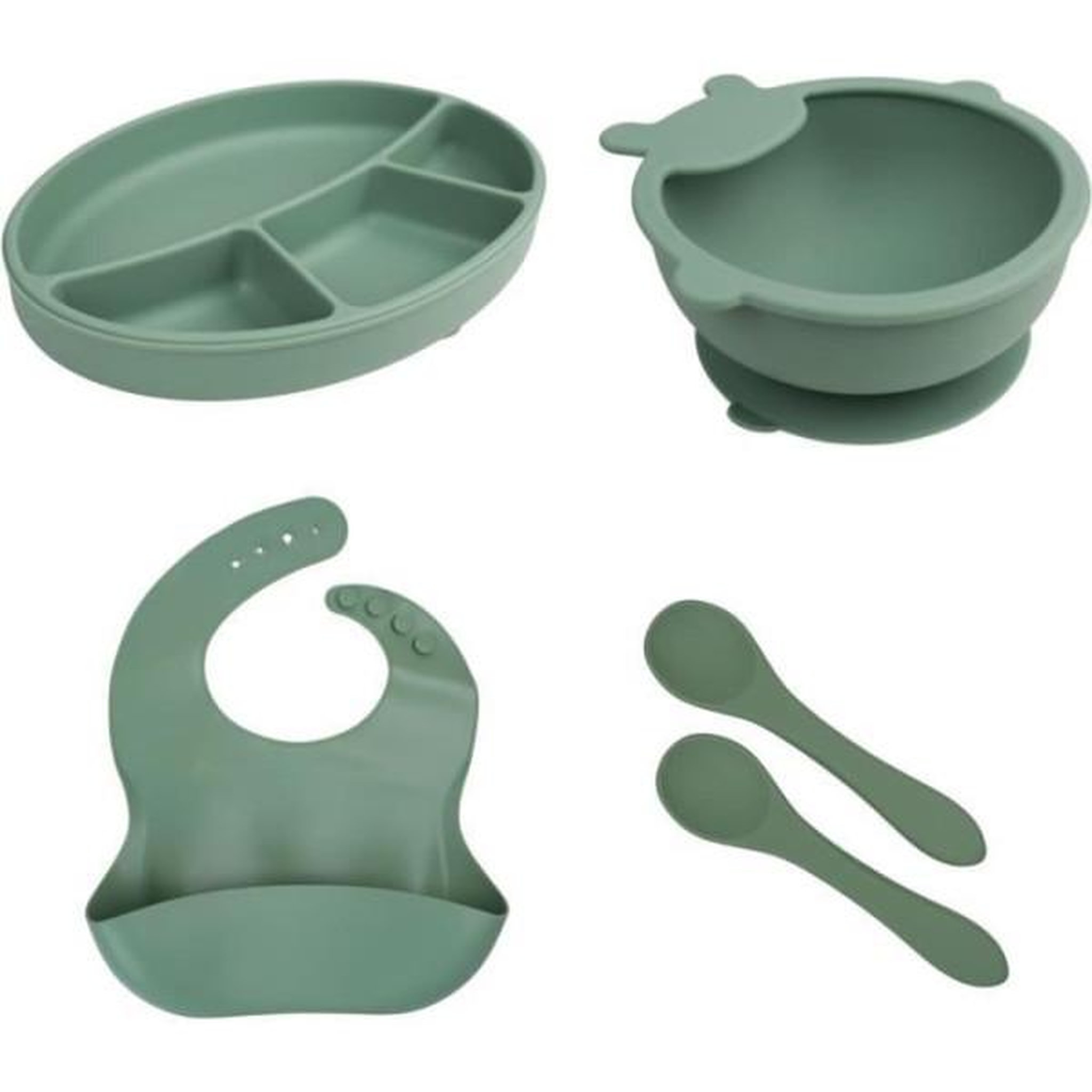 Voir la diapositive 1 : THERMOBABY Pack Repas - THERMOBABY - Silicone - Vert Cactus - Assiette, bol, bavoir et cuilleres