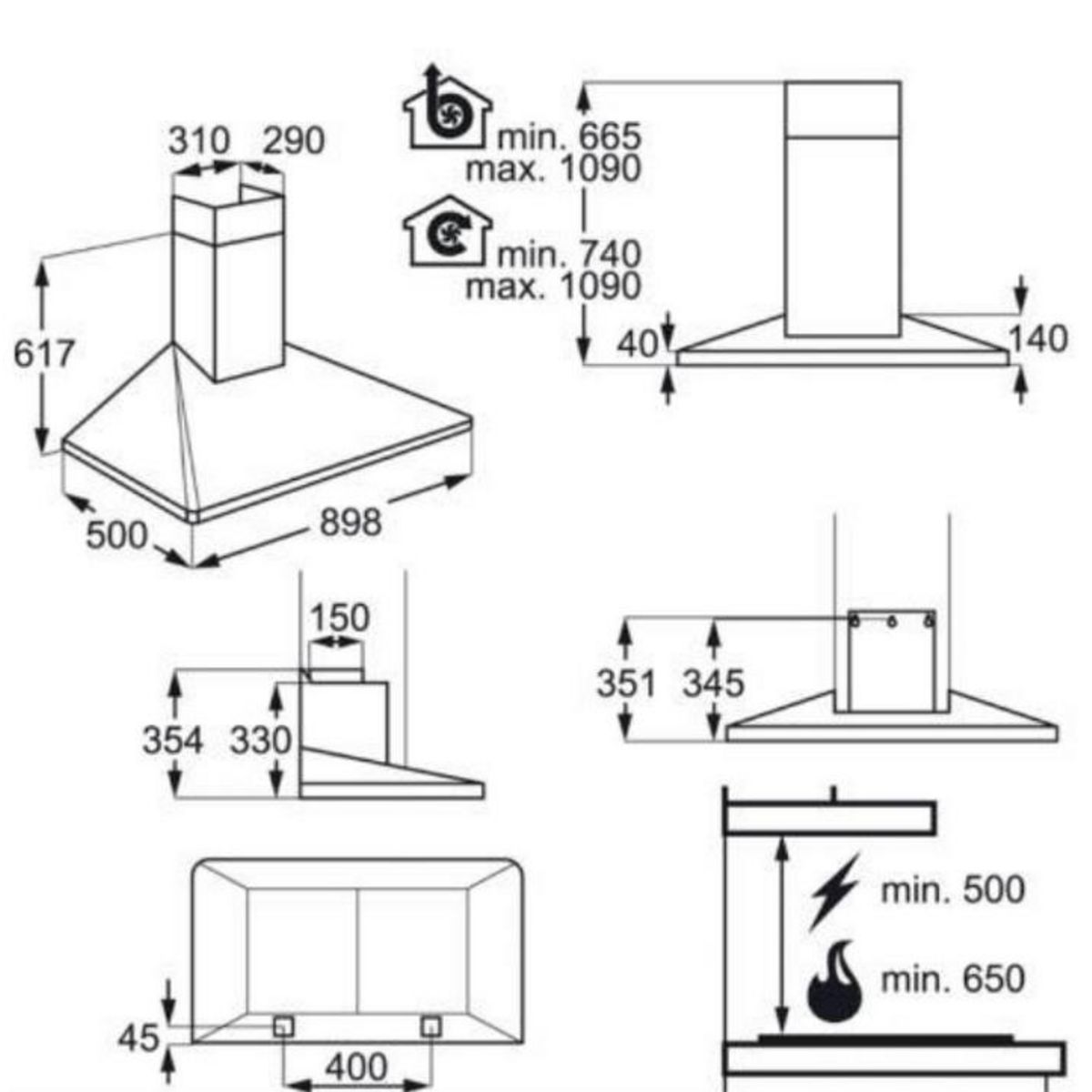 ELECTROLUX Hotte décorative murale 90cm 603m3/h noir - eff90462ok