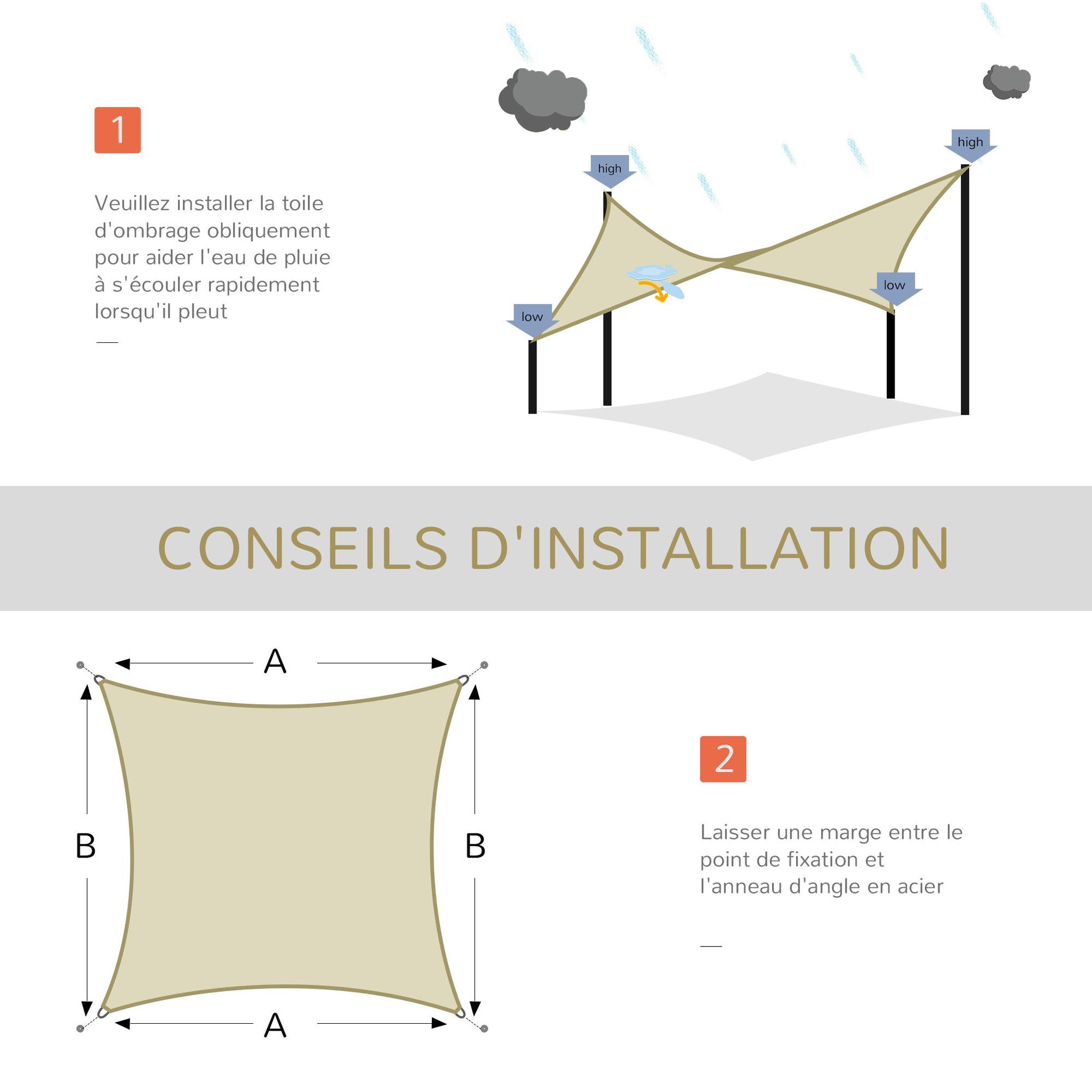 Voir la diapositive 4 : OUTSUNNY Voile d'ombrage carré 3 x 3 m polyéthylène haute densité résistant aux UV crème