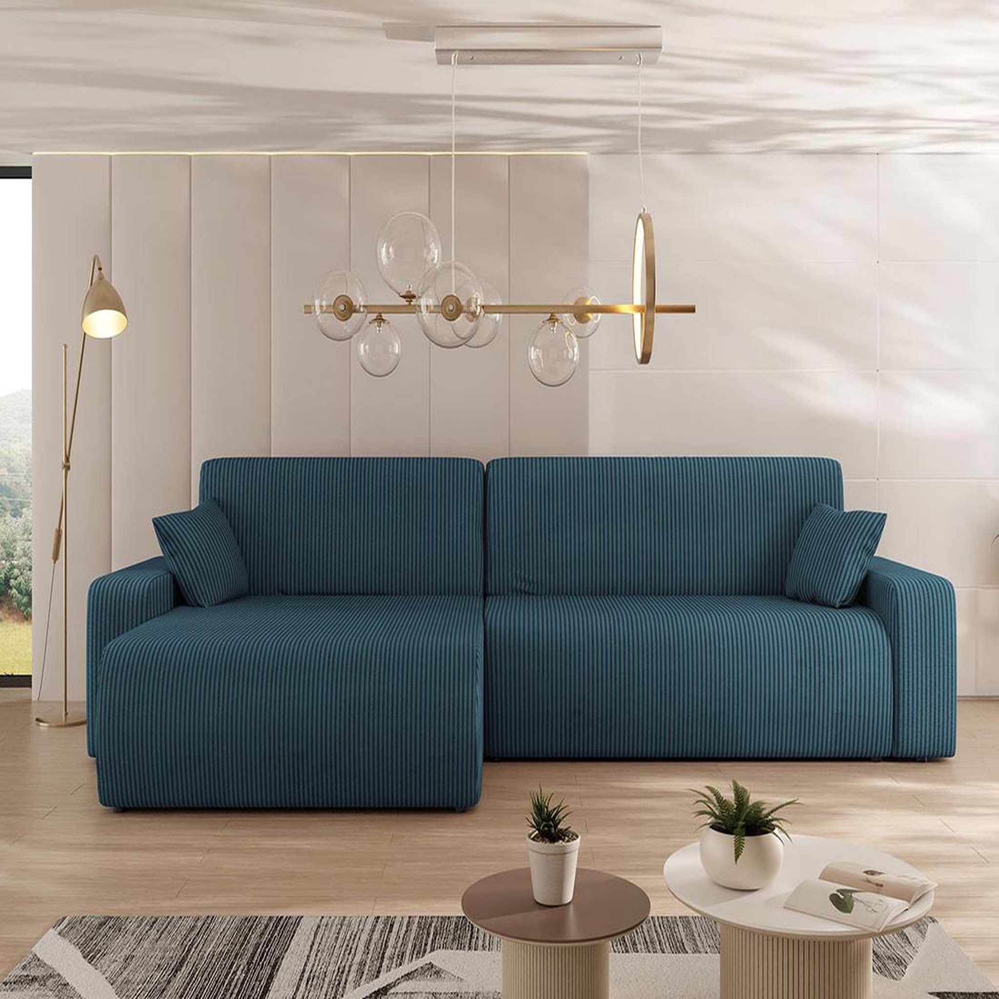 Voir la diapositive 3 : BEST MOBILIER Artemisa - canapé d'angle réversible 5 places convertible avec coffre en velours côtelé