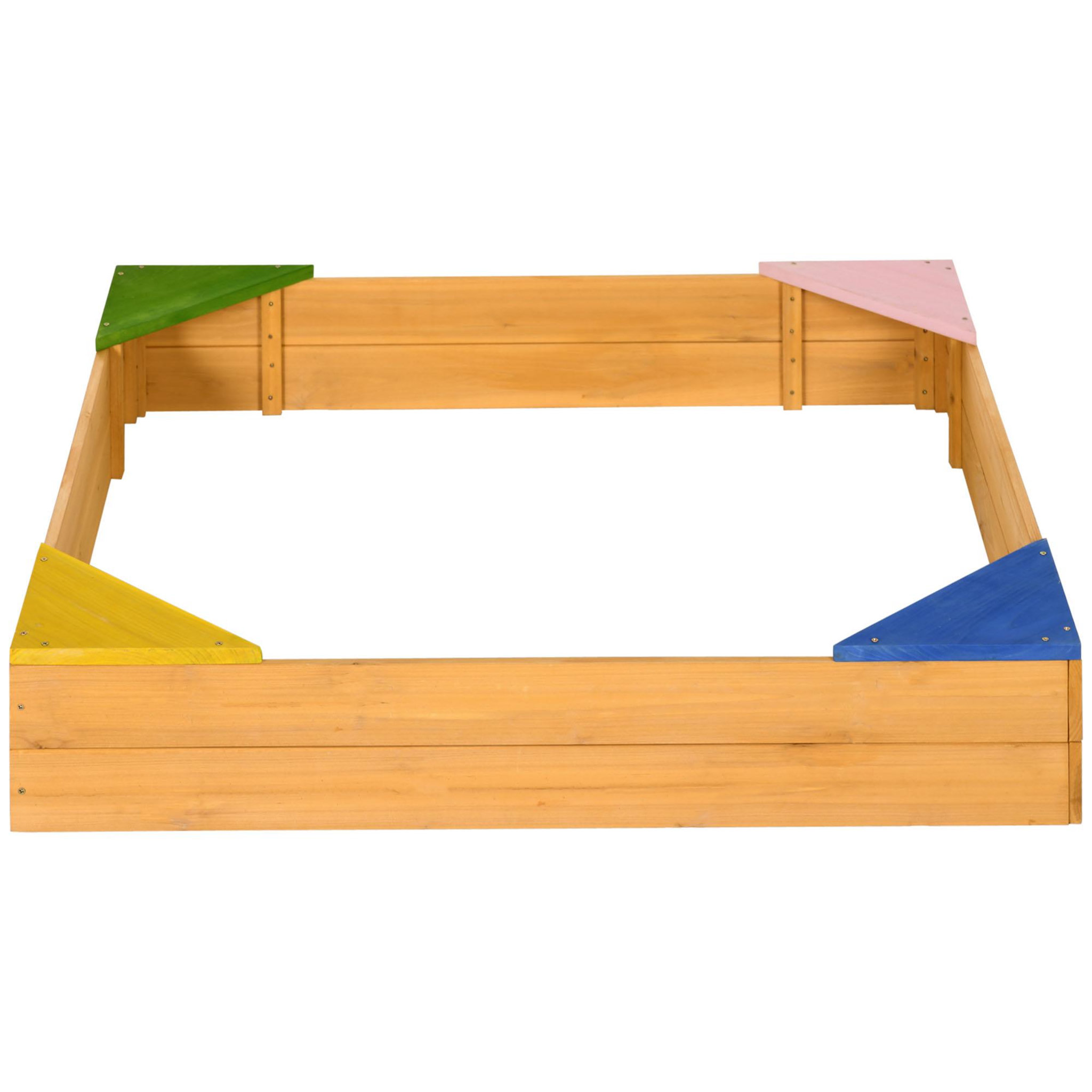 OUTSUNNY Bac à sable carré en bois pour enfants 4 assises en coin et film protection 109 x 109 x 19,8 cm bois naturel