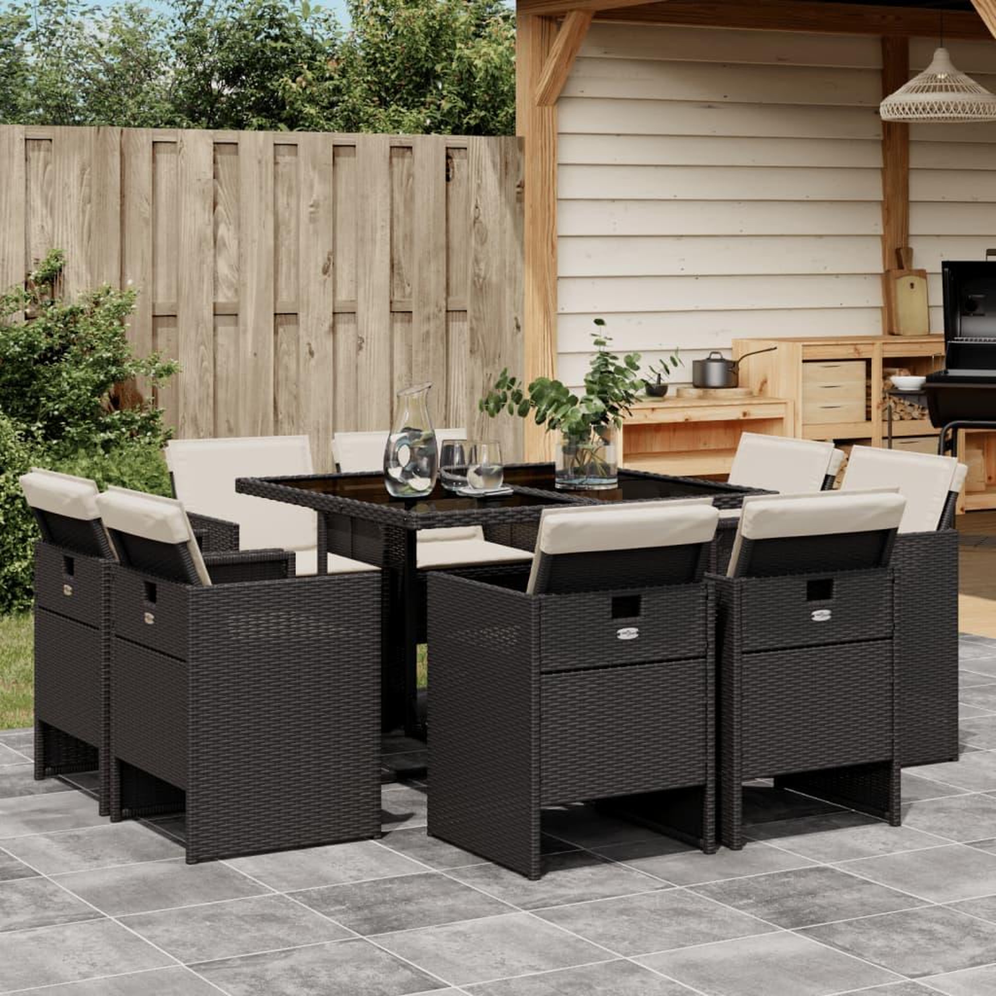 VIDAXL Ensemble a manger de jardin 9pcs coussins noir resine tressee