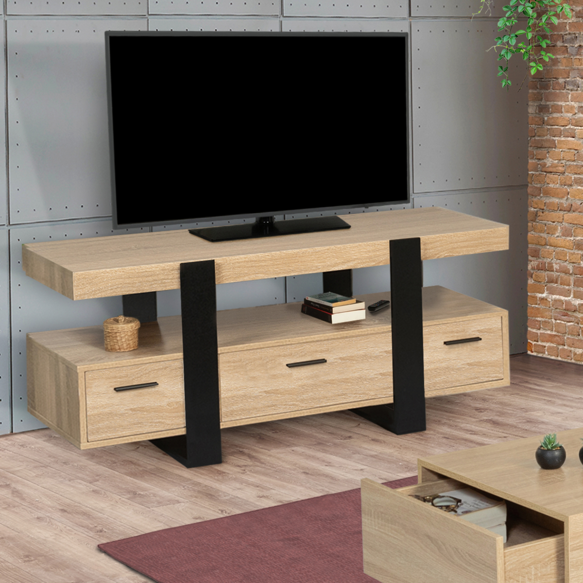 ID MARKET Meuble TV 116 cm PHOENIX avec tiroirs bois et noir