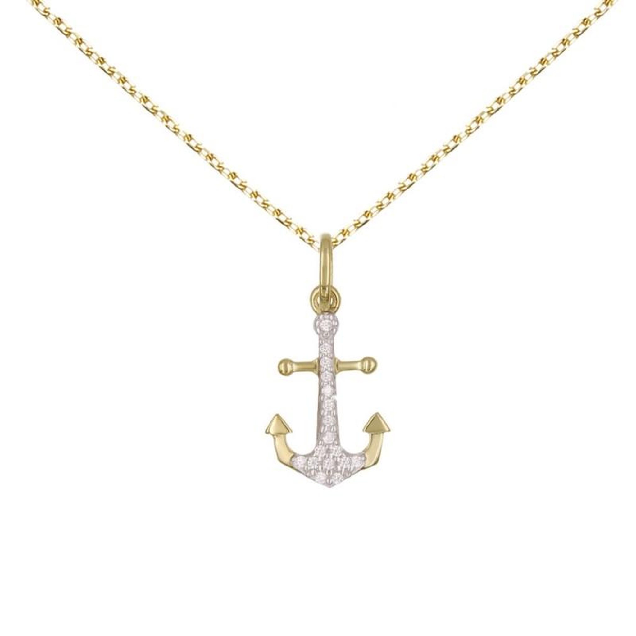L'ATELIER D'AZUR Collier - Pendentif Or Jaune Ancre Serti de Zirconiums - Chaine Dorée Offerte