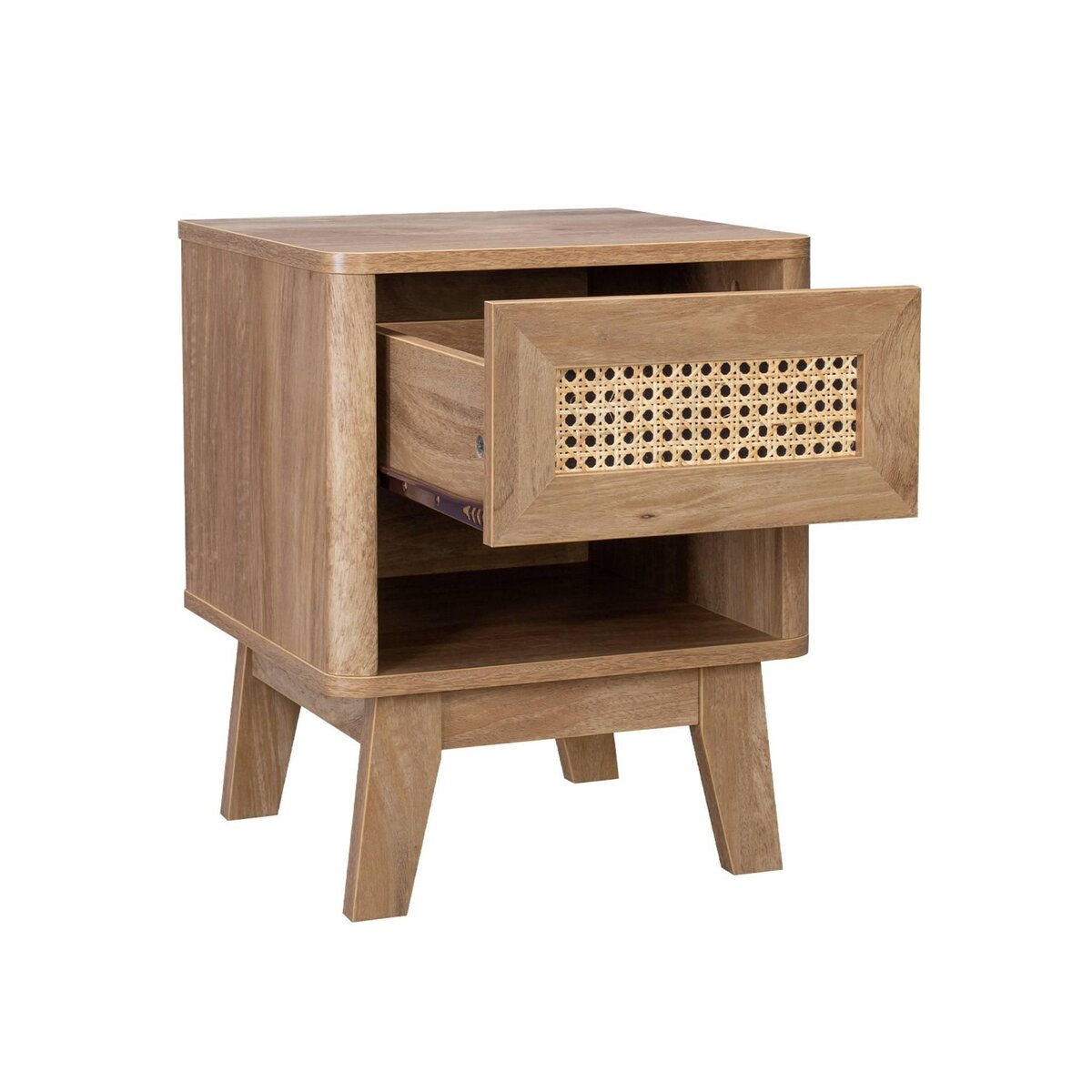 SWEEEK Table de chevet avec 1 tiroir et 1 niche effet bois et cannage. pieds eucalyptus
