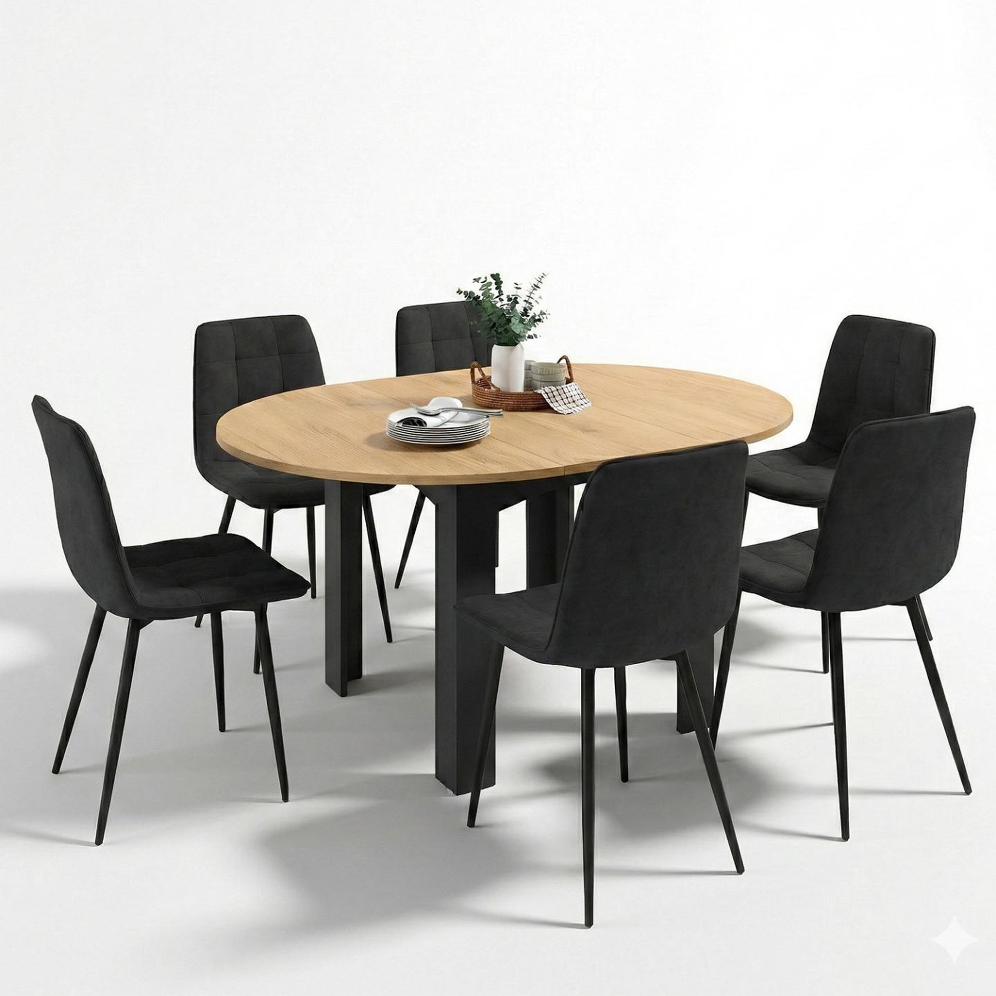 ID MARKET Ensemble table à manger extensible ronde DONA noire plateau façon hêtre 110 - 150 cm et 6 chaises MILA velours noir