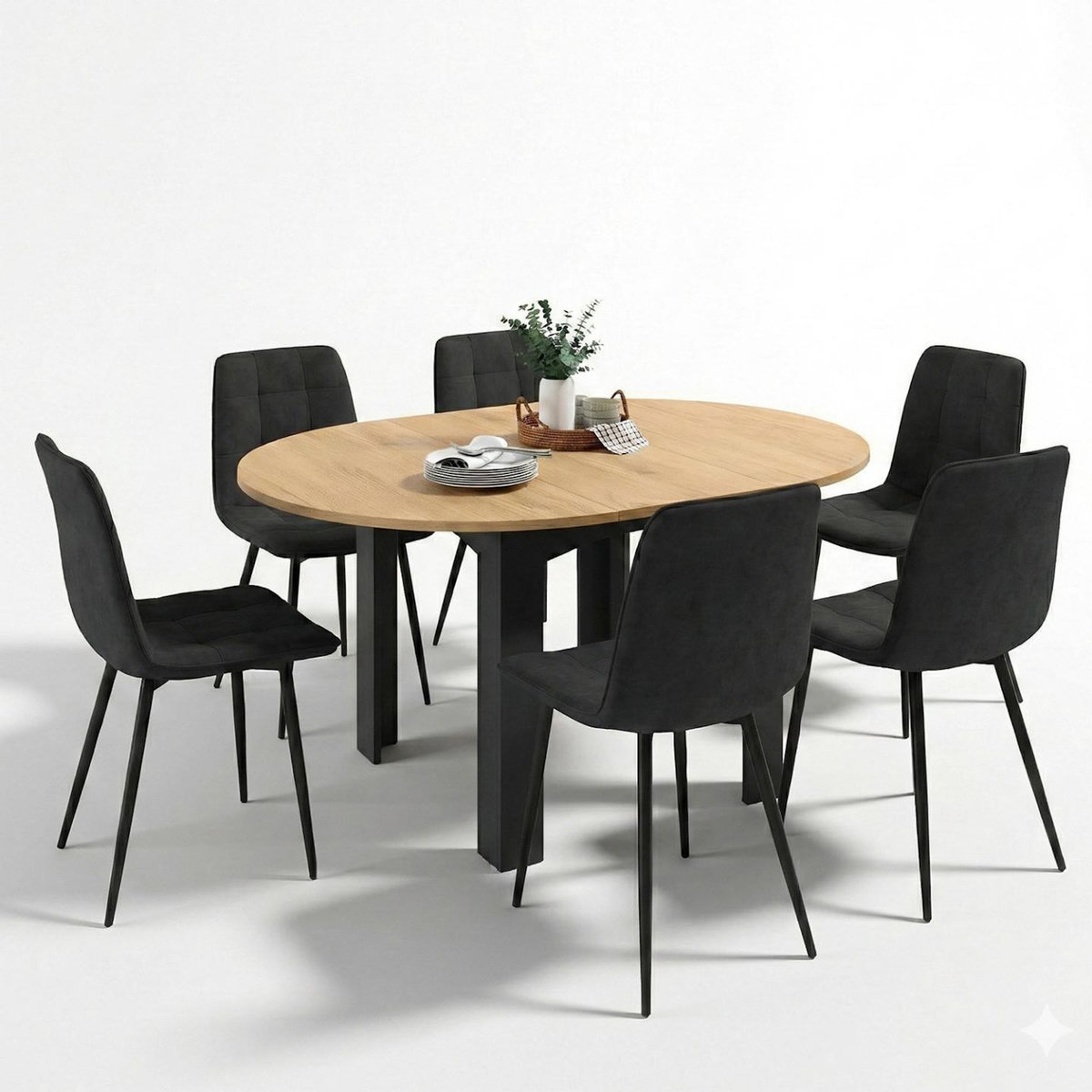 ID MARKET Ensemble table à manger extensible ronde DONA noire plateau façon hêtre 110 - 150 cm et 6 chaises MILA velours noir