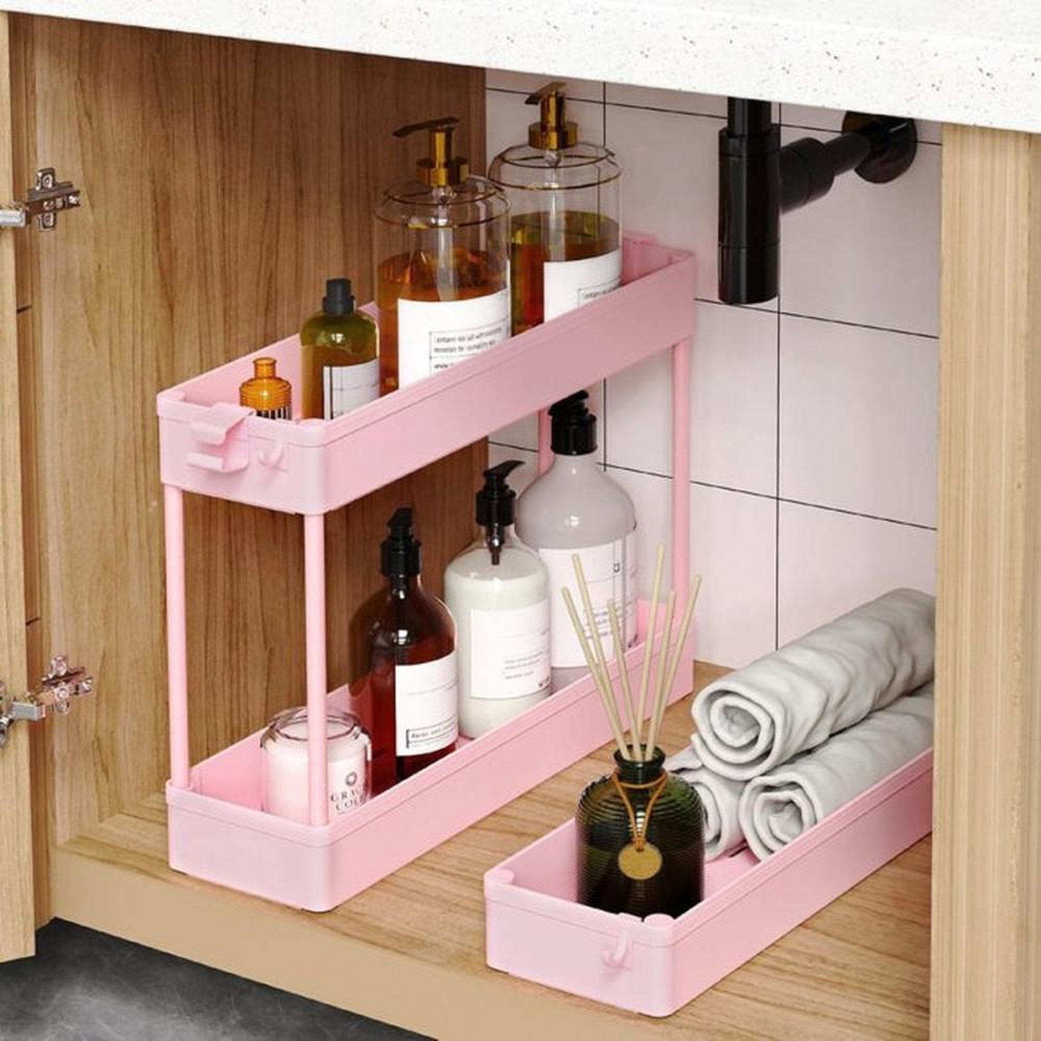 Voir la diapositive 2 : Chariot de rangement rose à 3 niveaux en plastique résine avec roulettes 360° pour cuisine, salle de bain