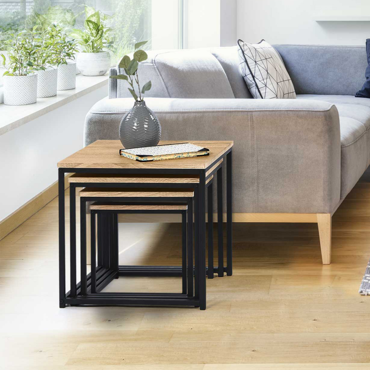 ID MARKET Lot de 4 tables basses gigognes DETROIT 35/40/45/50 design industriel