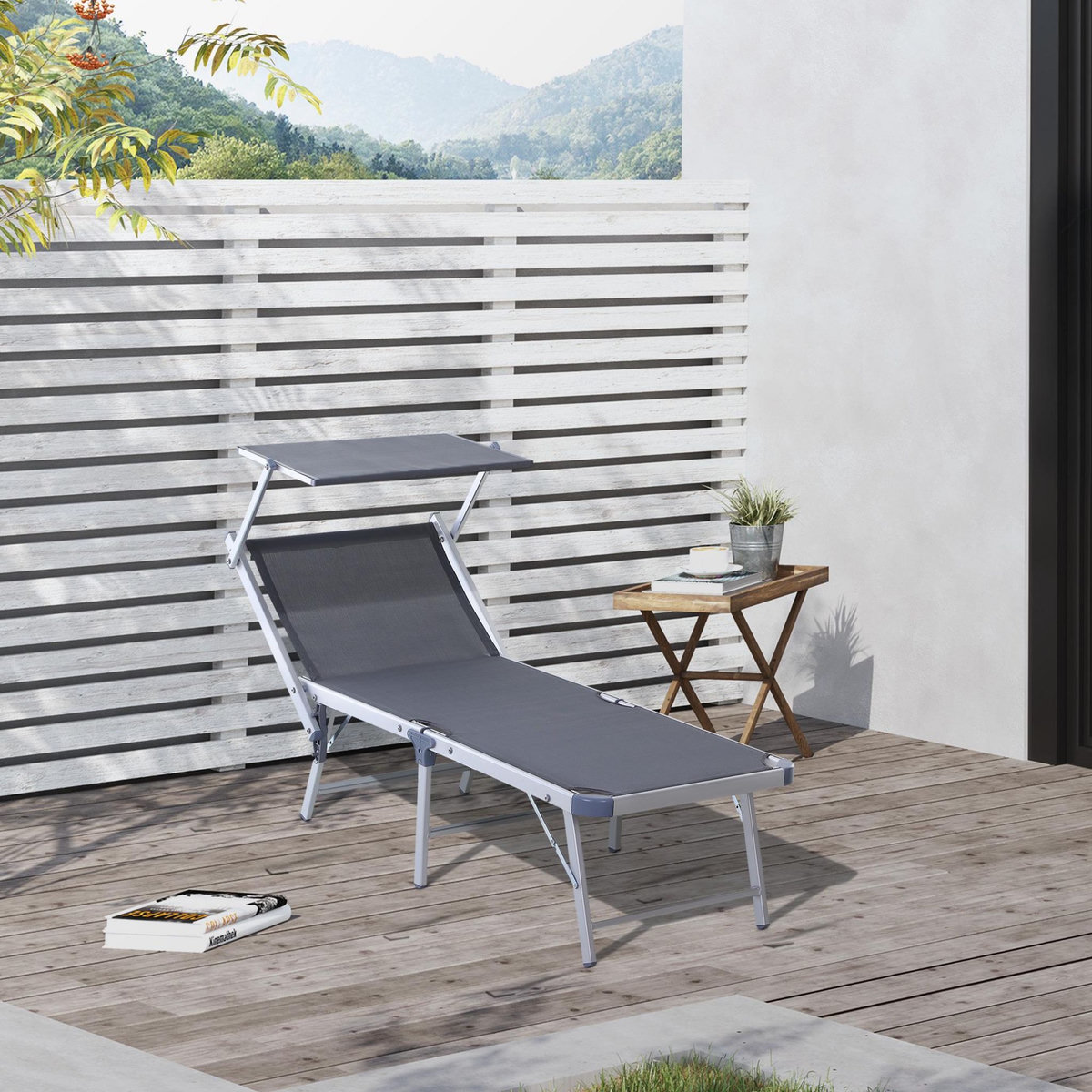 OUTSUNNY Transat bain de soleil pliable grand confort dossier et pare-soleil réglable alu. textilène gris