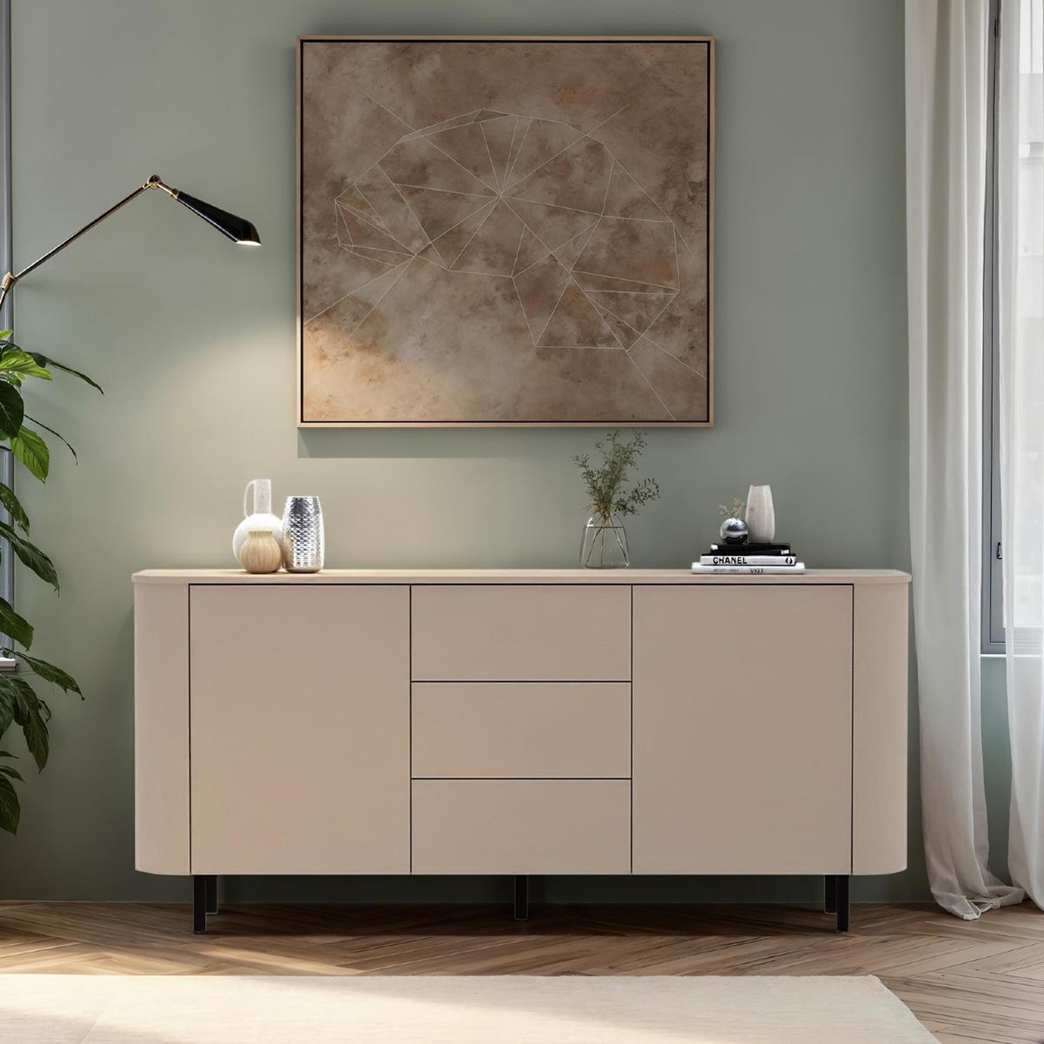 Voir la diapositive 3 : JLC KREATION Buffet moderne arrondi beige 2 portes-3 tiroirs 180cm olga