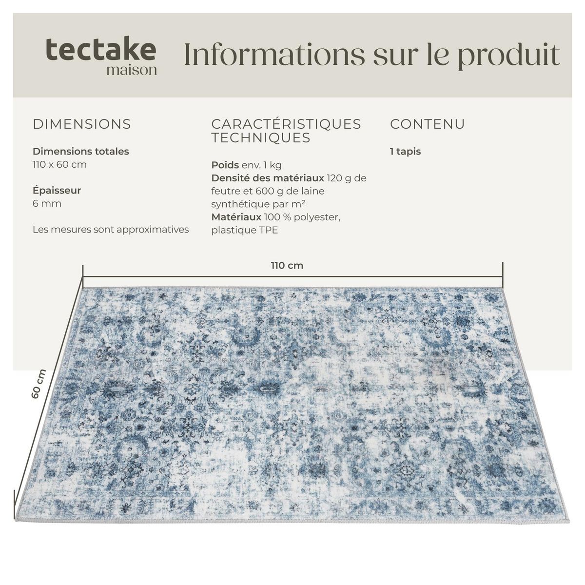 tectake Tapis vintage design à poils courts en laine synthétique et feutre bleu 60 x 110 cm