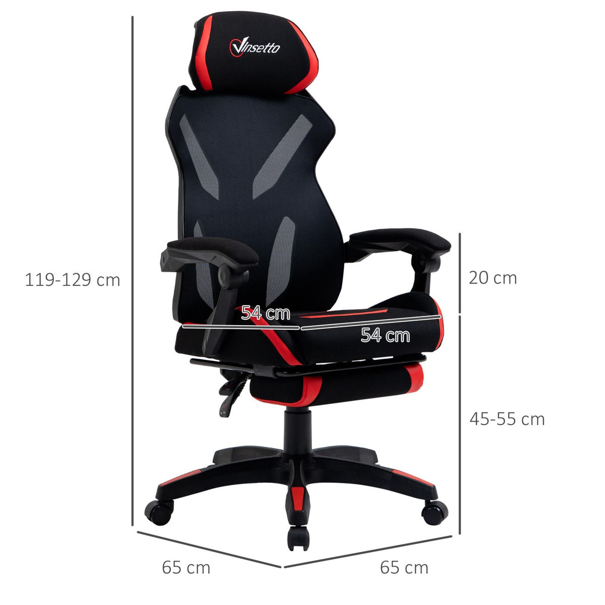 VINSETTO Vinsetto Fauteuil gaming chaise gamer réglable pivotant dossier inclinable repose-pied polyester rouge noir