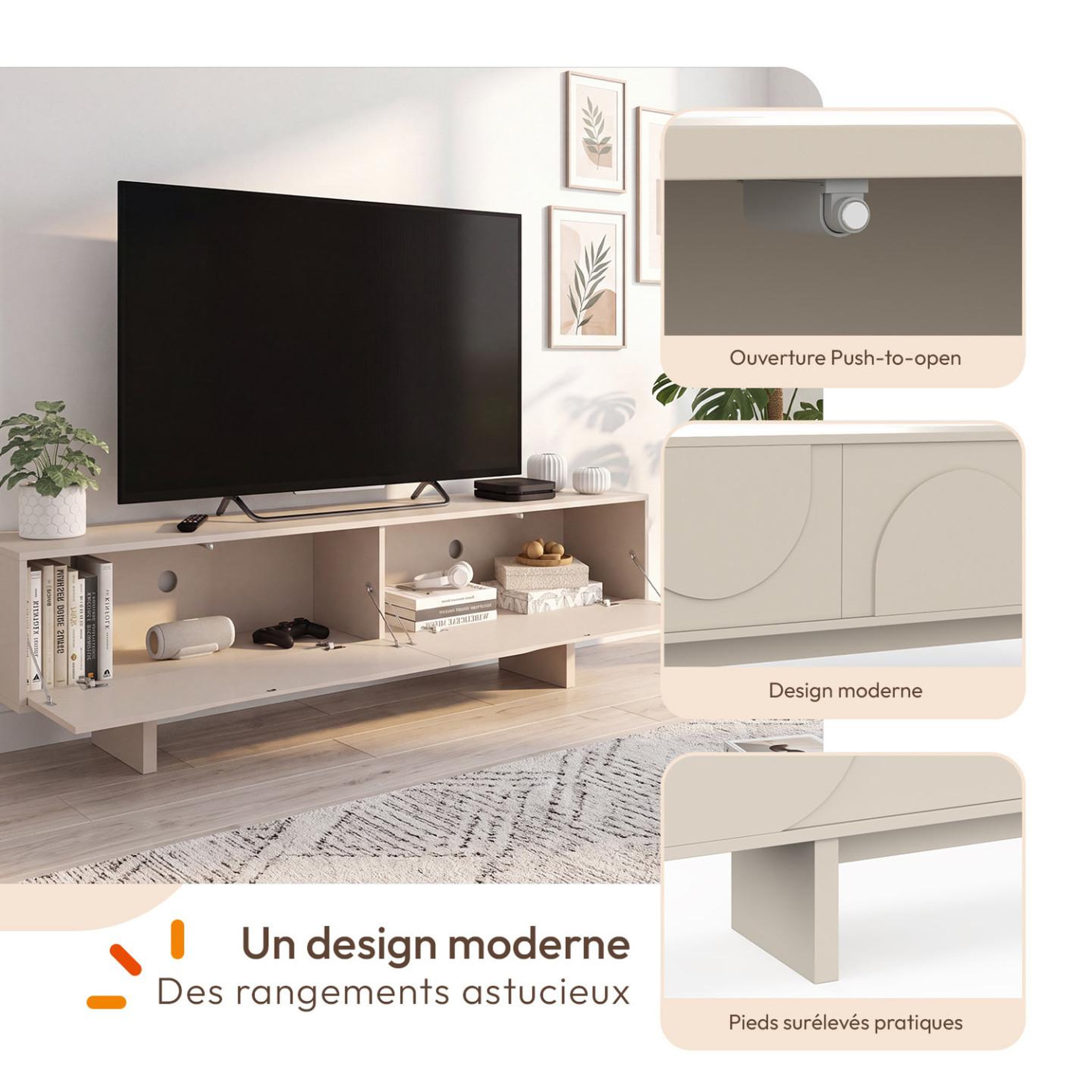 Voir la diapositive 3 : ID MARKET Meuble TV 180 cm ARVIN 2 portes avec reliefs arrondis bois coloris beige