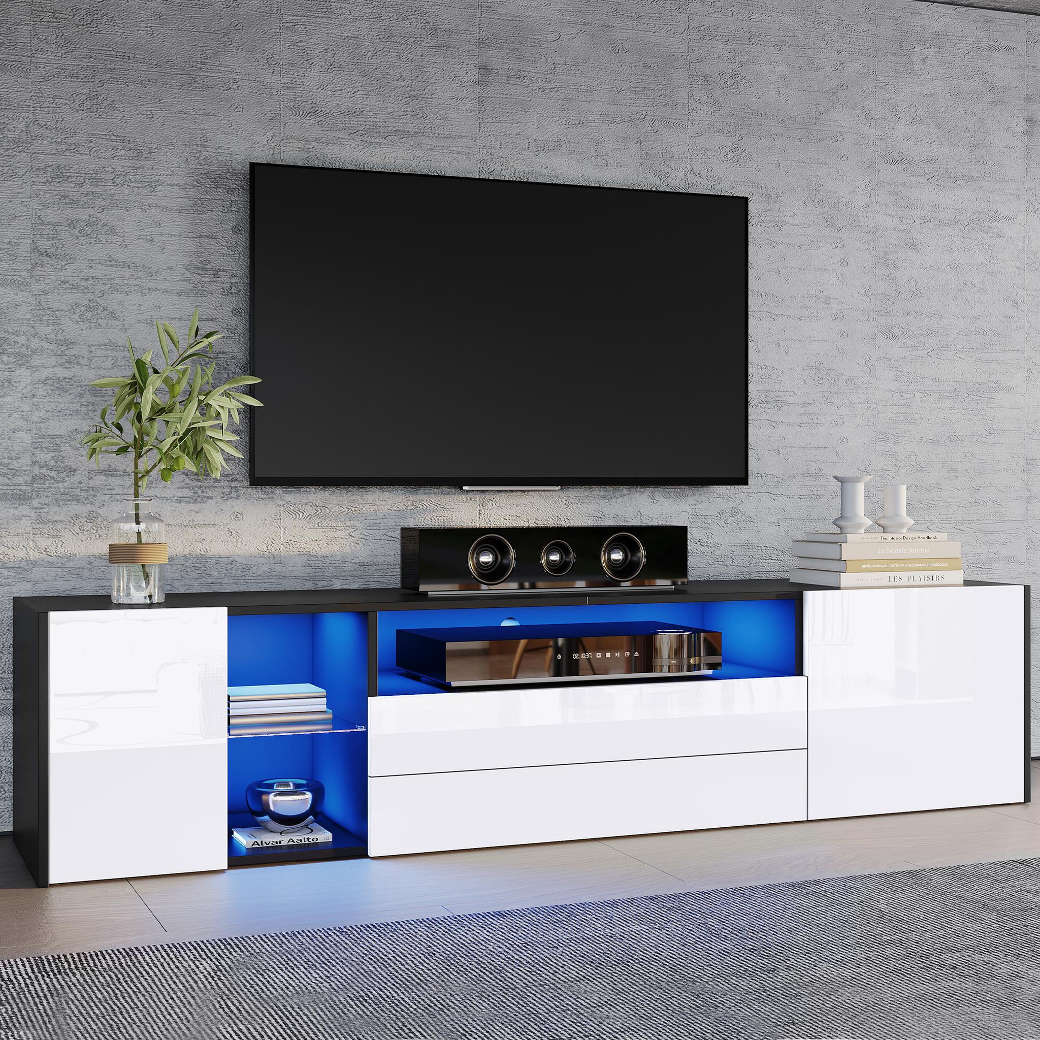 Voir la diapositive 4 : MERAX Meuble tv noir+blanc 180cm led panneau de particules
