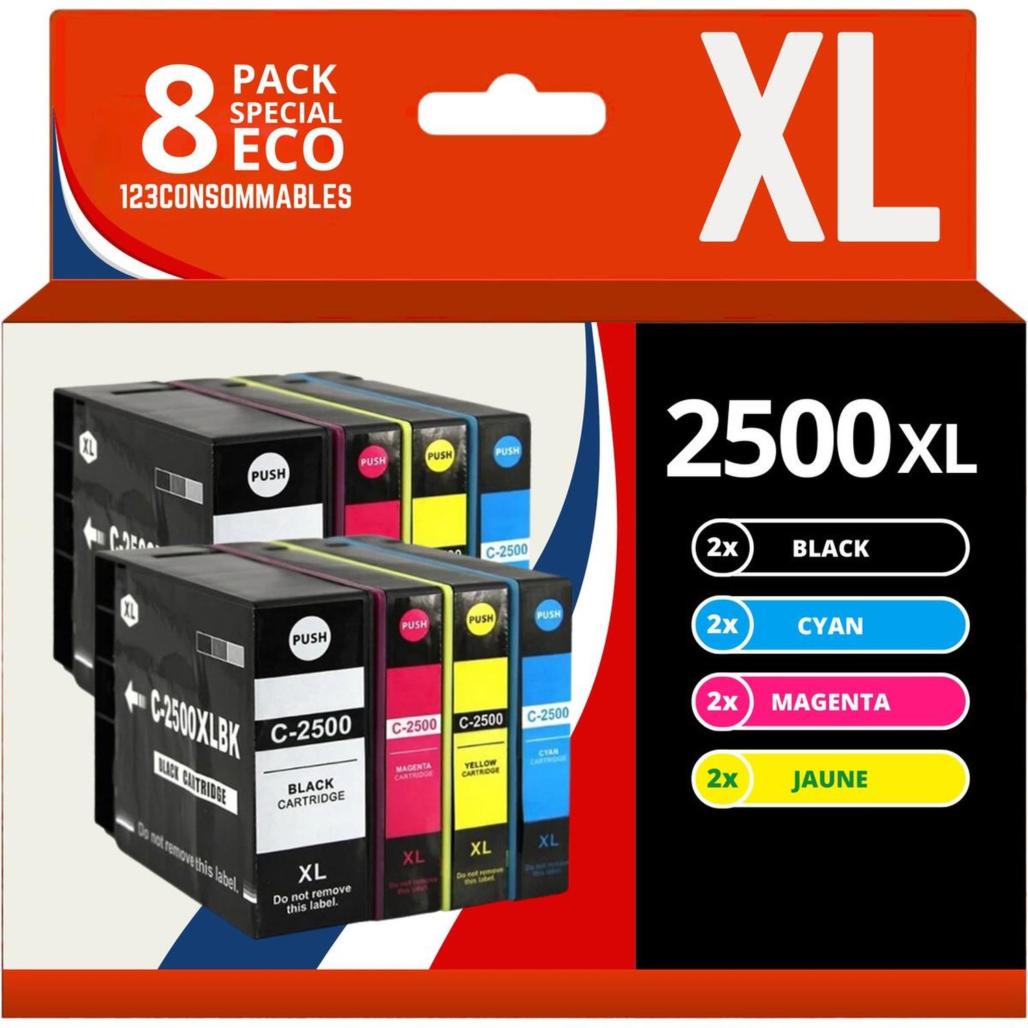 123CONSOMMABLES PGI 2500XL Pack 8 Cartouche encre Compatible pour Canon PGL 2500 PGI 2500XL PGL2500XL pour Canon Maxify MB5150 MB5450 MB5050 MB5350 MB5050 MB5155 2 / 2 Cyan / 2 / 2 Jaune Neuf - vue 3