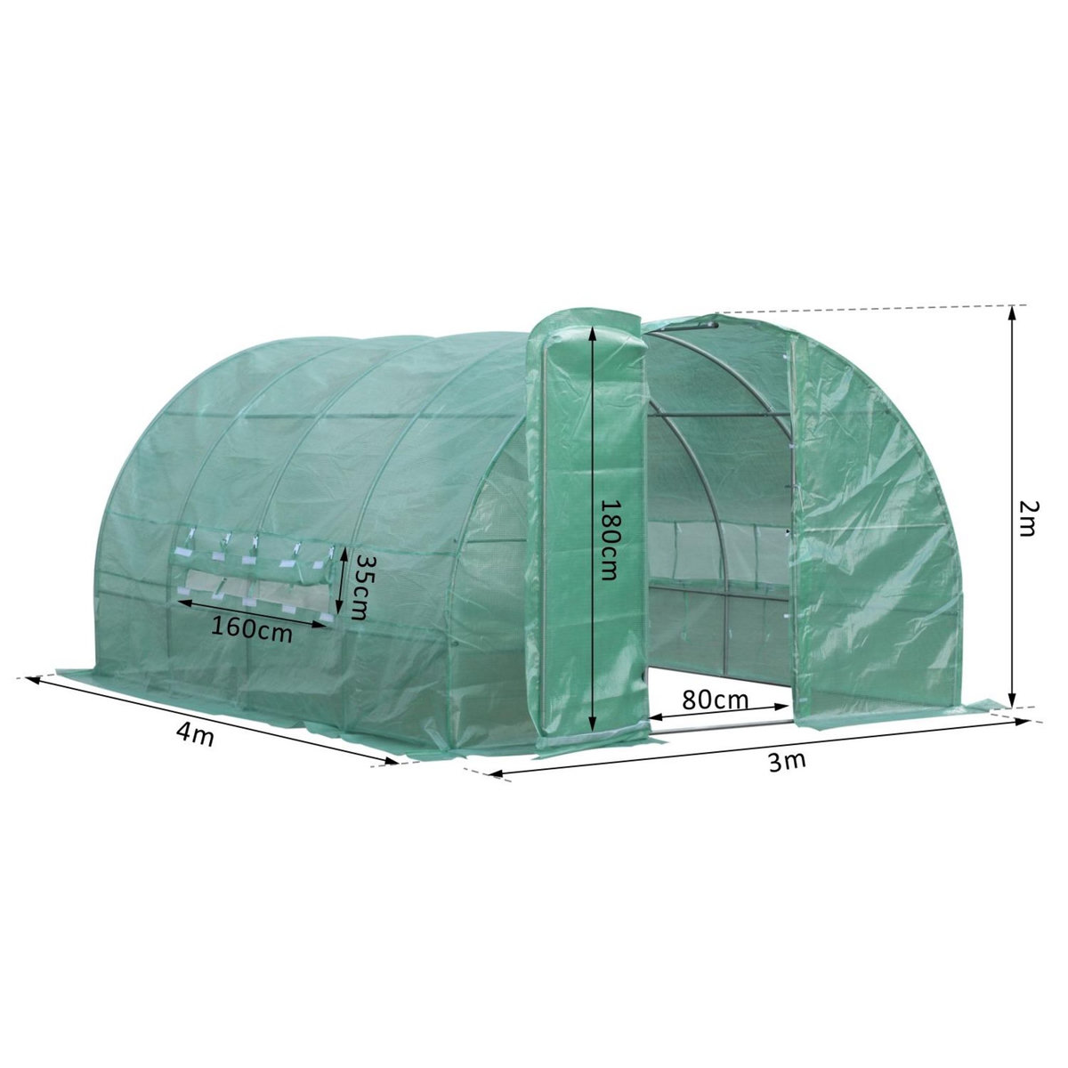 OUTSUNNY Serre de jardin tunnel 12 m² 4L x 3l x 2H m acier galvanisé renforcé diamètre 2,5 cm + PE haute densité fenêtres porte vert