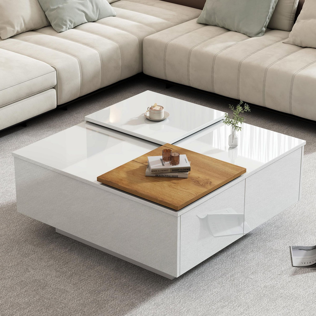 MERAX Table Basse Carrée Avec 4 Tiroirs Et 2 Plateaux Coulissants Blanc