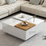 Voir la diapositive 2 : MERAX Table Basse Carrée Avec 4 Tiroirs Et 2 Plateaux Coulissants Blanc