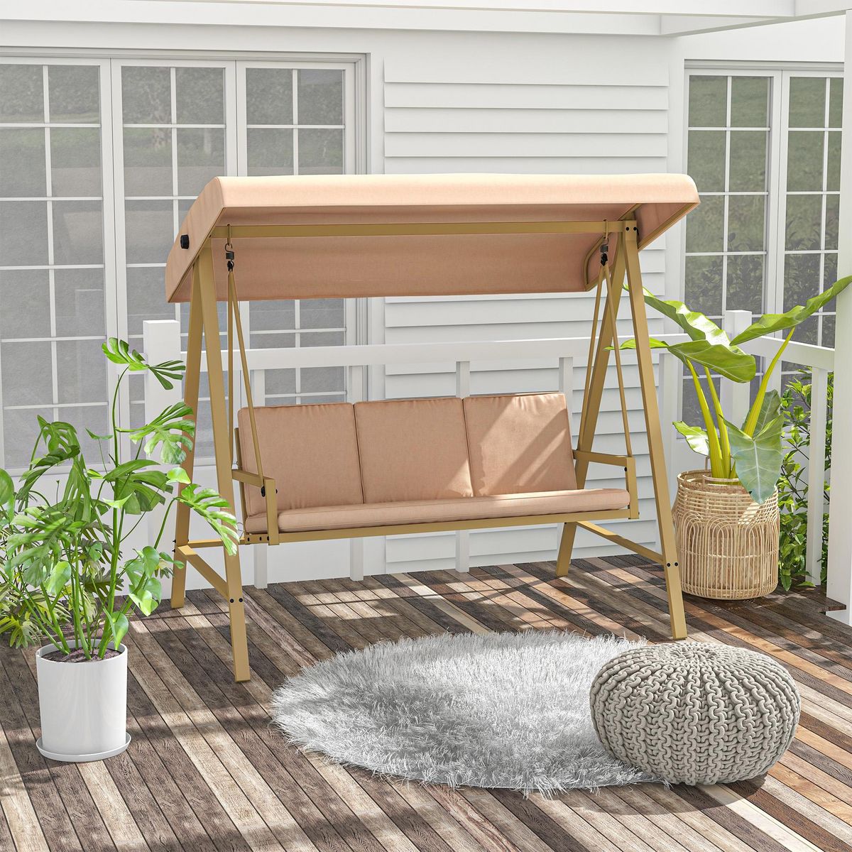 OUTSUNNY Balancelle de jardin 3 places toit inclinaison réglable épais coussins amovibles polyester acier époxy beige
