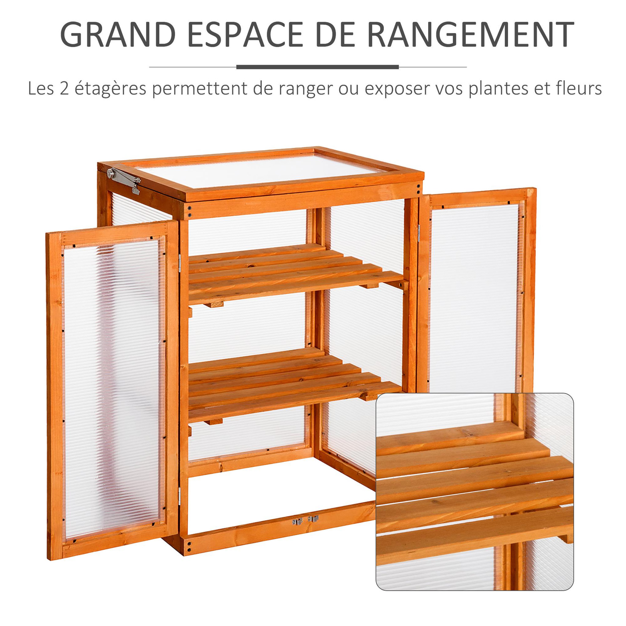 Voir la diapositive 5 : OUTSUNNY Mini serre de jardin 3 niveaux dim. 58L x 44l x 78H cm double porte toit ouvrant bois sapin lasuré polycarbonate