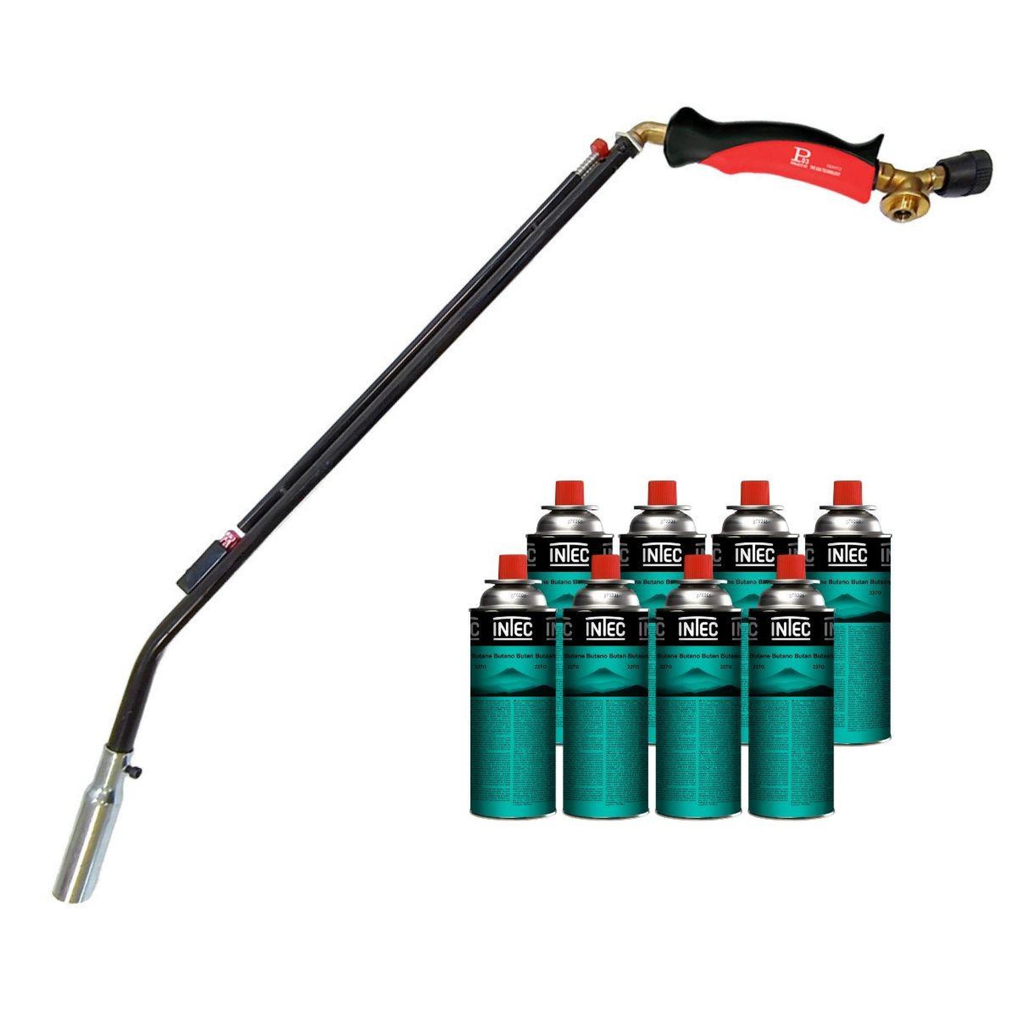 INTEC Désherbeur thermique à gaz 1100w + 8 cartouches de gaz butane brule herbes allumage piezo + adaptateur multicartouche intec