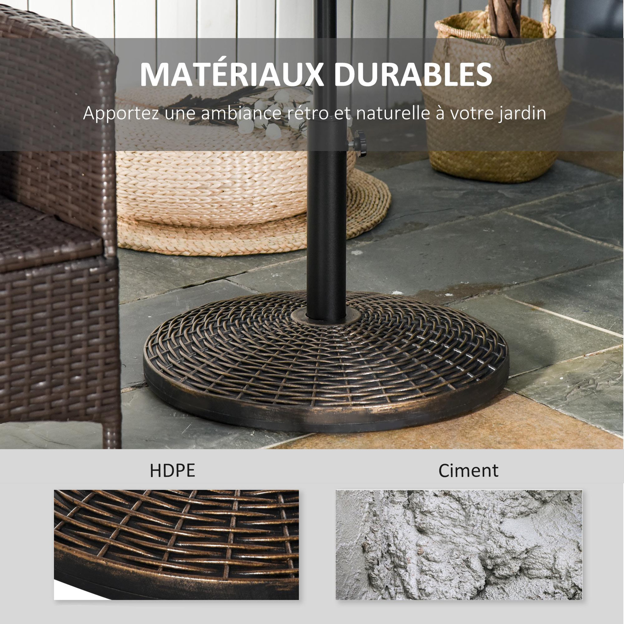 Voir la diapositive 5 : OUTSUNNY Pied de parasol rond base de lestage Ø 53 x 35,5 cm résine imitation rotin poids net 25 Kg noir bronze