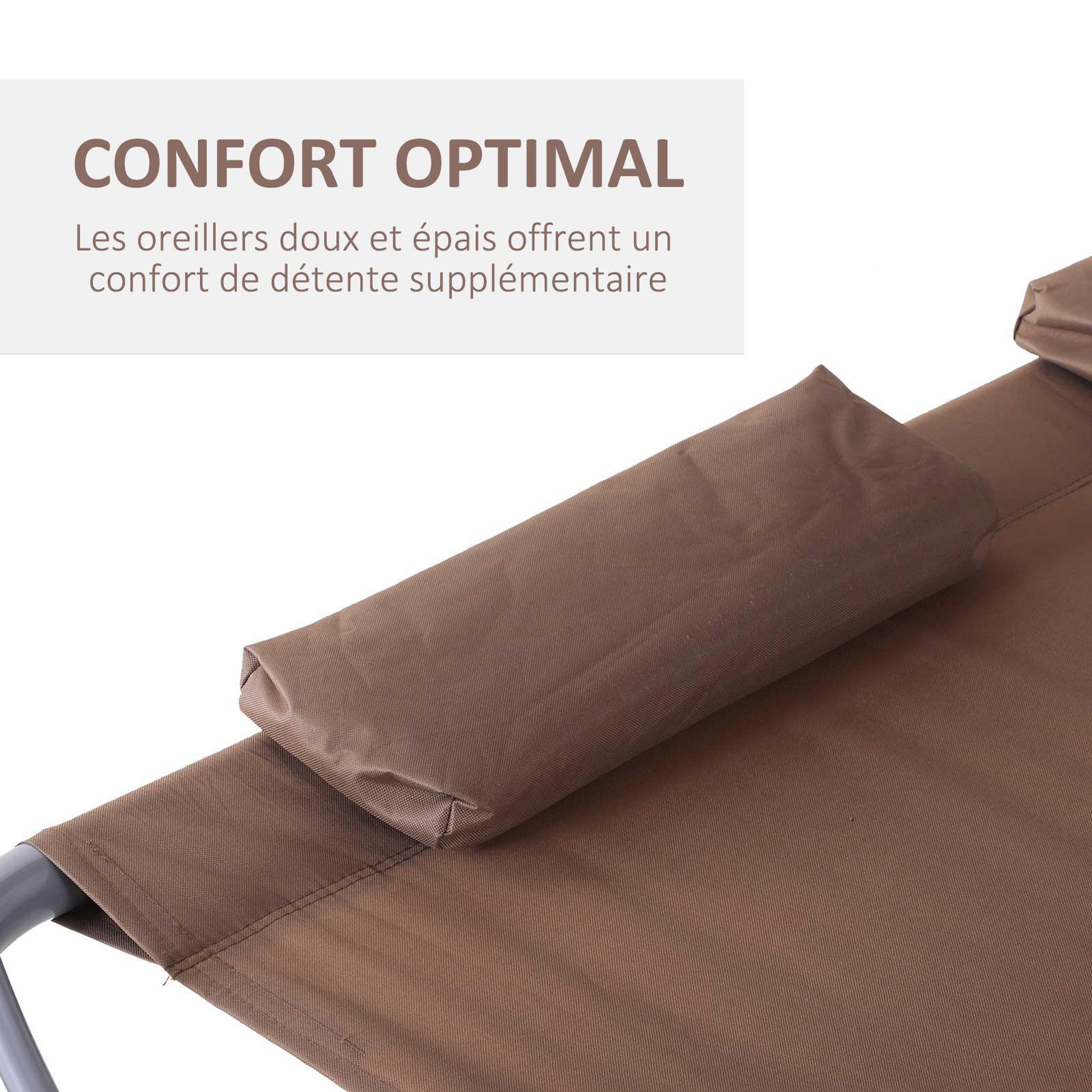 Voir la diapositive 6 : OUTSUNNY Bain de soleil 2 places lit de jardin design contemporain toit réglable 2 roulettes 2 oreillers acier époxy polyester marron