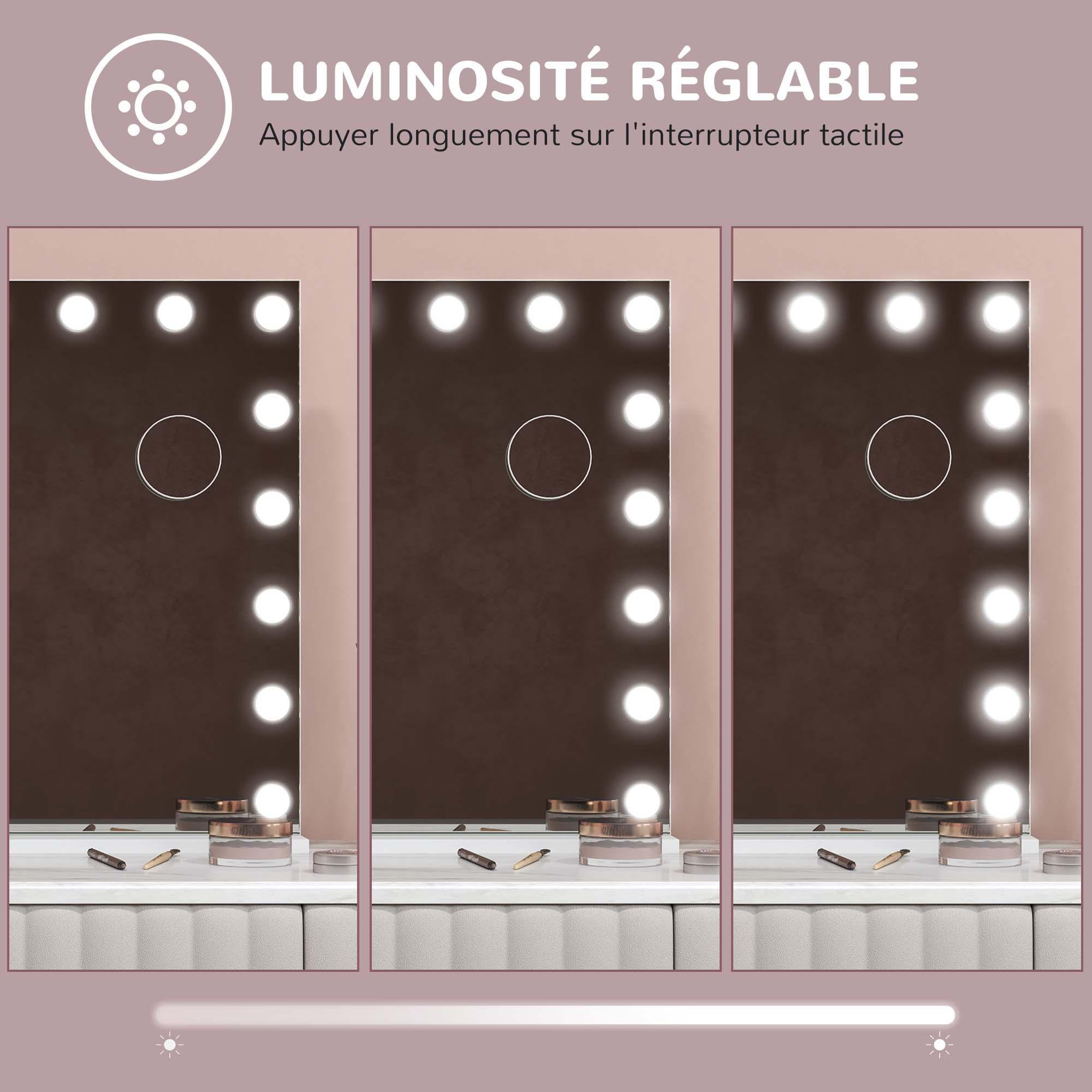 Voir la diapositive 6 : HOMCOM Miroir maquillage hollywood lumineux led intensité réglable grossissant charge usb support blanc