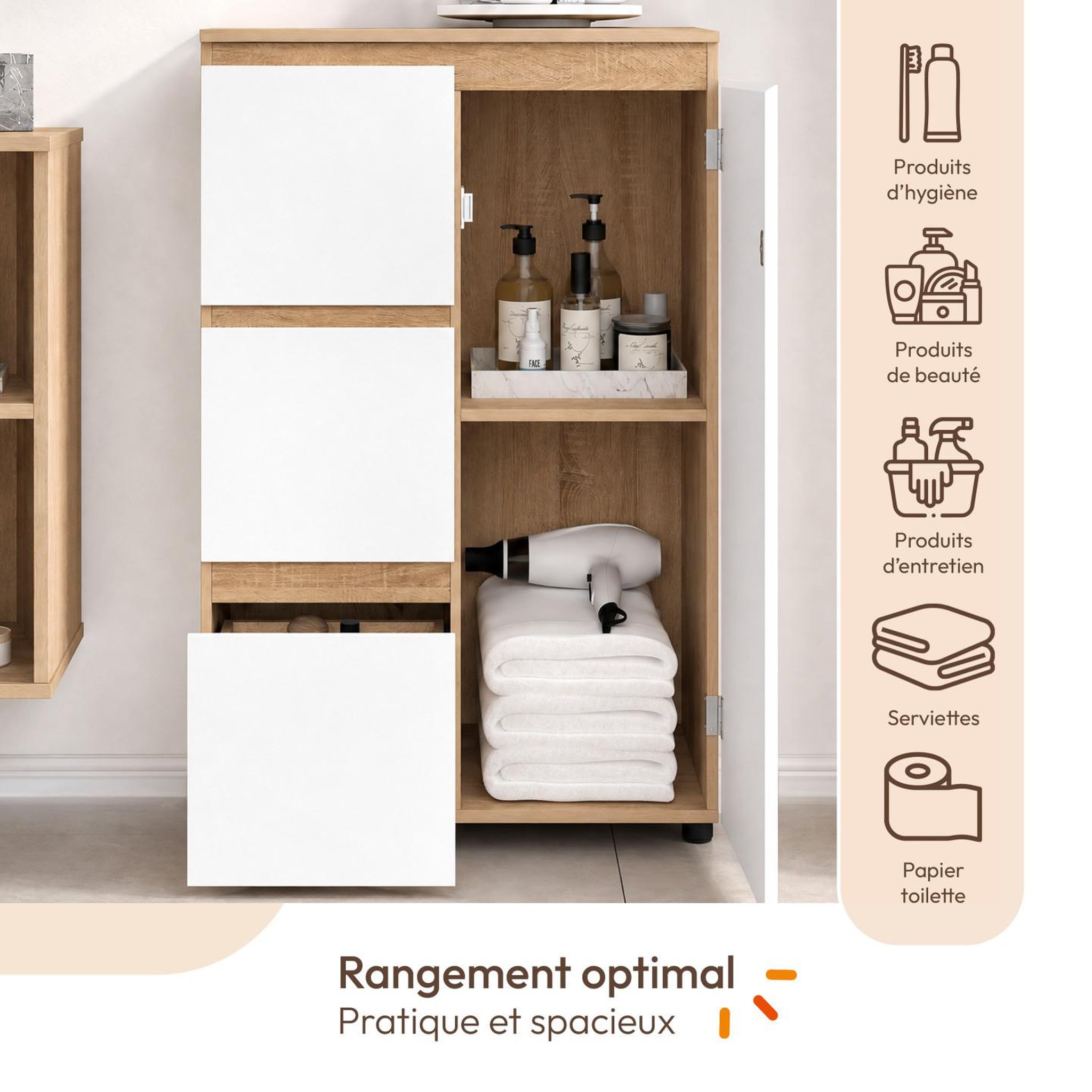 Voir la diapositive 4 : ID MARKET Meuble de rangement salle de bain tomi 3 tiroirs avec placard façon hêtre et blanc