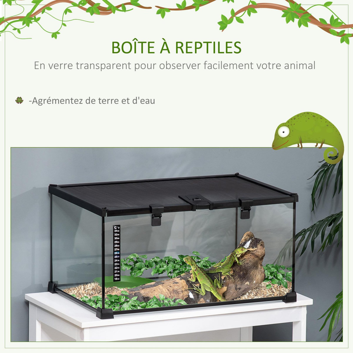 PAWHUT Terrarium en verre - vivarium reptiles & batraciens - habitat tortue - couvercle grillagé coulissant verrouillable - distributeur eau, thermomètre inclus - métal noir verre
