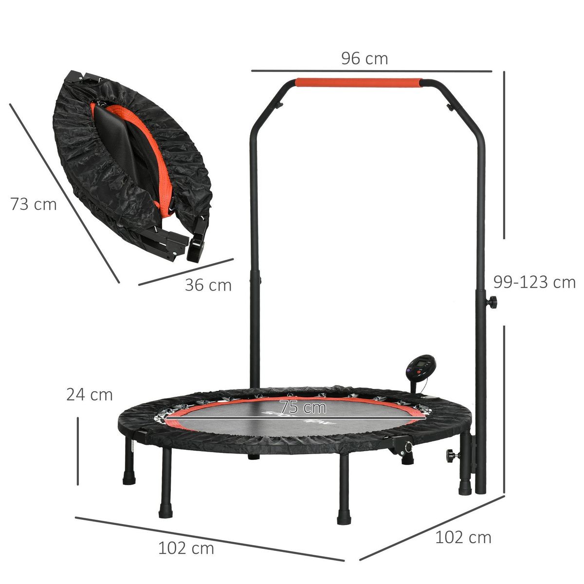 HOMCOM Trampoline de Fitness gym pliable - poignée réglable, écran LCD, 28 ressorts - Ø 102 cm - noir rouge